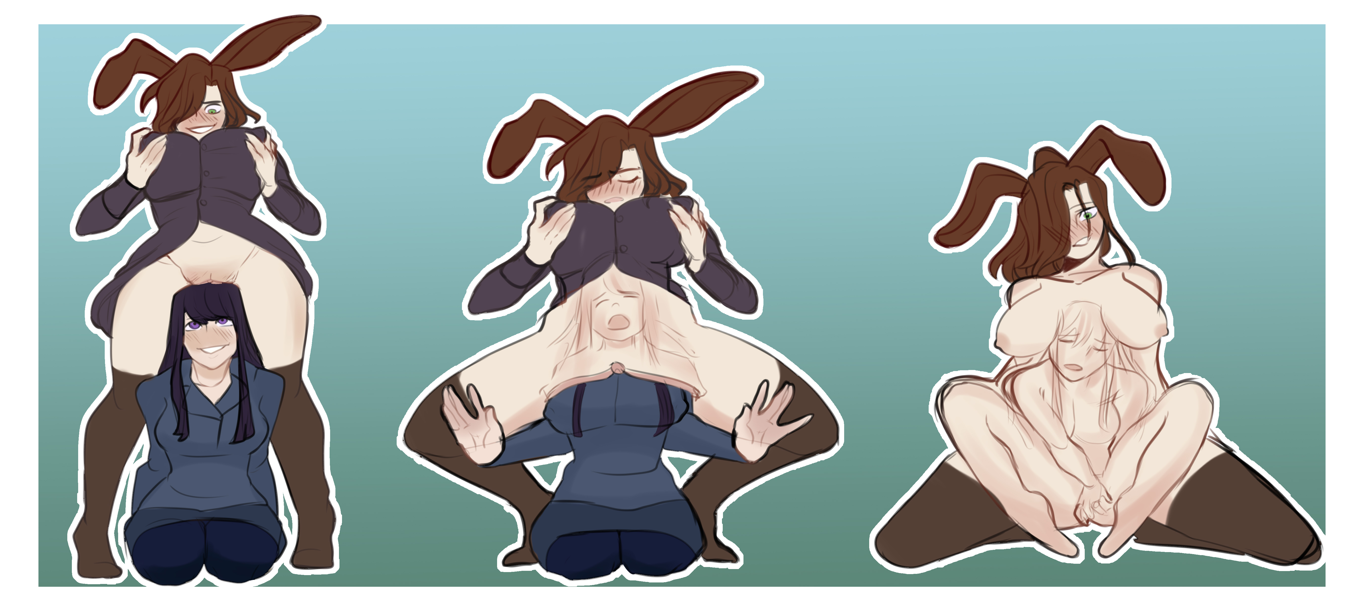 2girls, artist request, assimilation, blushing, bottomless, breasts, bunny ears, bunny girl, clothing, corruption, detailed bulge, female, large breasts, long hair, masturbation, multiple females, multiple girls, pinching nipples, stockings, tagme, unbirthing, vore