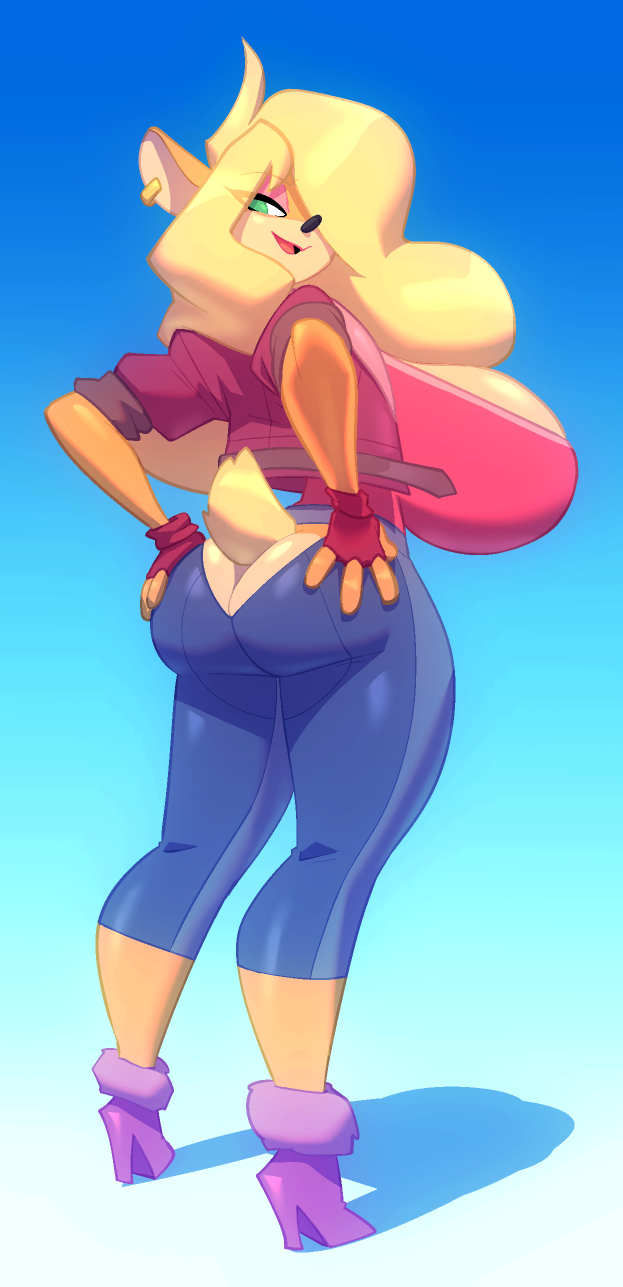 1girls, 2022, activision, anthro, ass, ass cleavage, ass crack, bandicoot, big ass, big breasts, big butt, bigdad, blonde hair, breasts, butt crack, cleavage, crash (series), crash bandicoot (series), female, female focus, female only, fur, furry, furry only, green eyes, hair over one eye, huge ass, huge breasts, large breasts, long blonde hair, long hair, looking back, looking back at viewer, naughty dog, orange fur, solo, standing, tail, tawna bandicoot, thick thighs, thighs, tight clothing, tight pants
