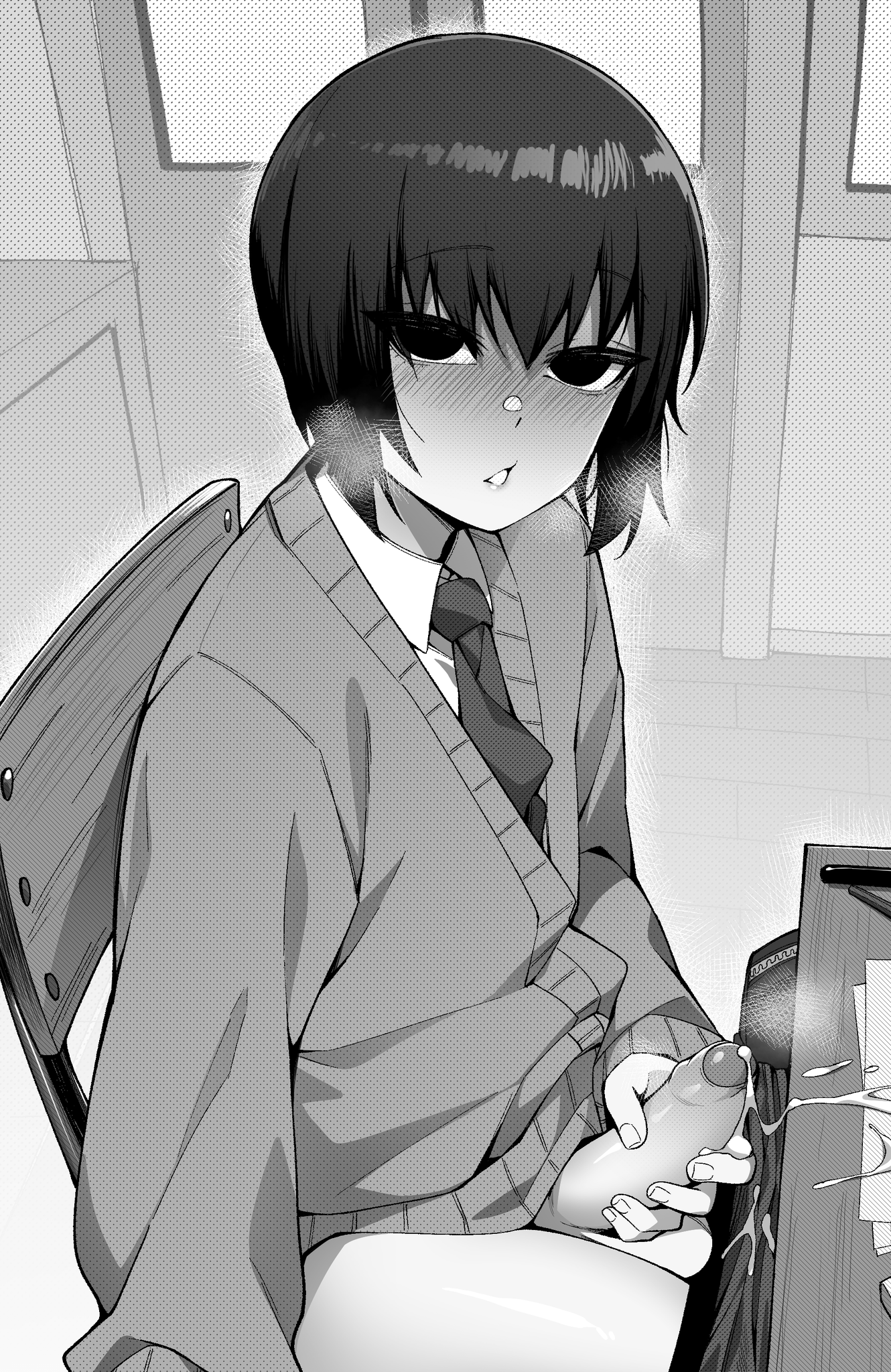 1boy, ain (in), black and white, blush, blushing, cum, femboy, hand on penis, holding penis, jumper, looking at viewer, male, male only, masturbation, penis, penis grab, stroking penis, sweater, tagme, uniform