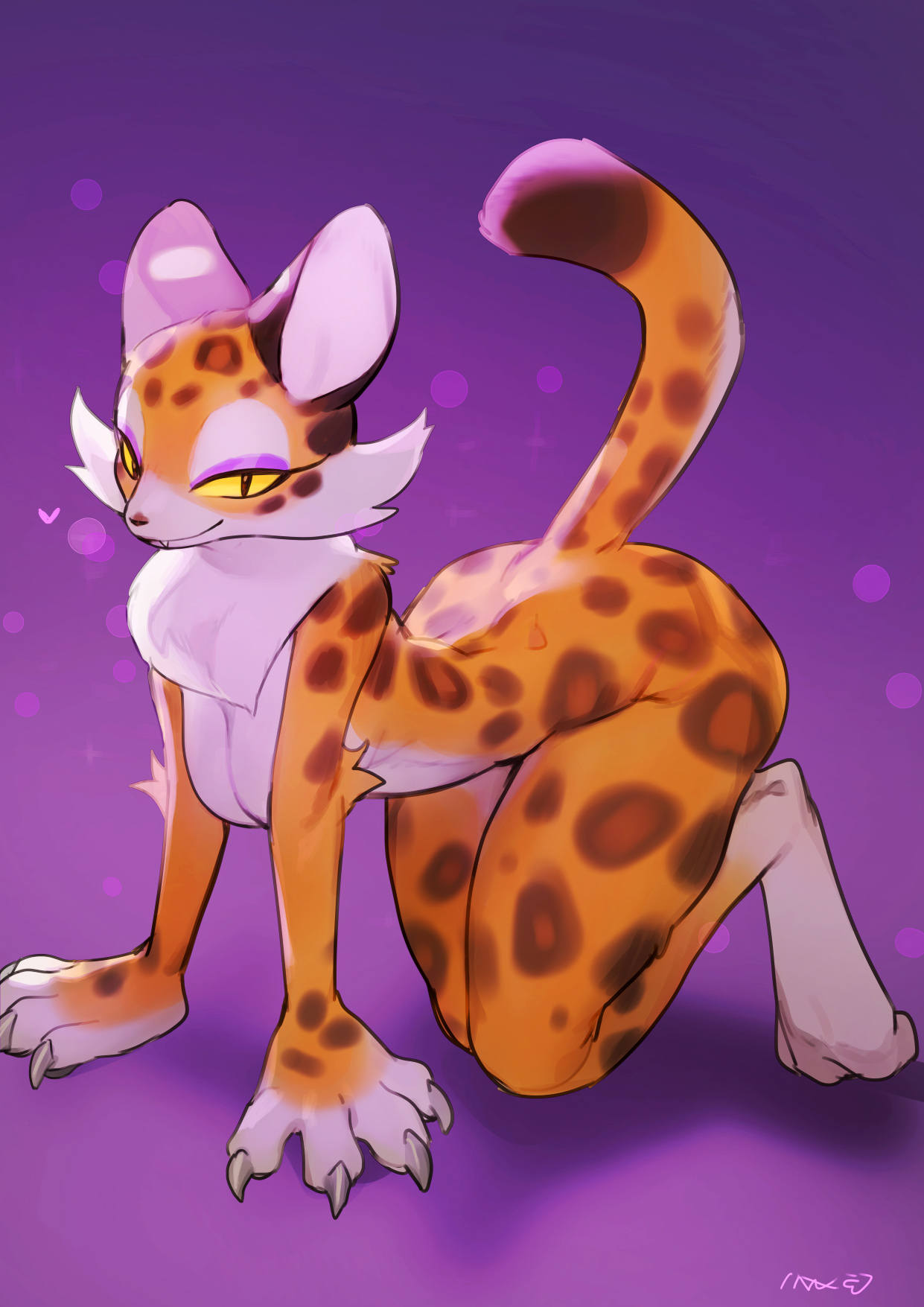 <3, 1girls, animal ears, anthro, bebebebebe, big thighs, breasts, clawroline, claws, eyeshadow, fangs, feline, female, fur, furry, furry only, kirby (series), kirby and the forgotten land, leopard, looking at viewer, on all fours, paws, purple background, seductive, seductive smile, solo, tagme, tail, washlet mskm