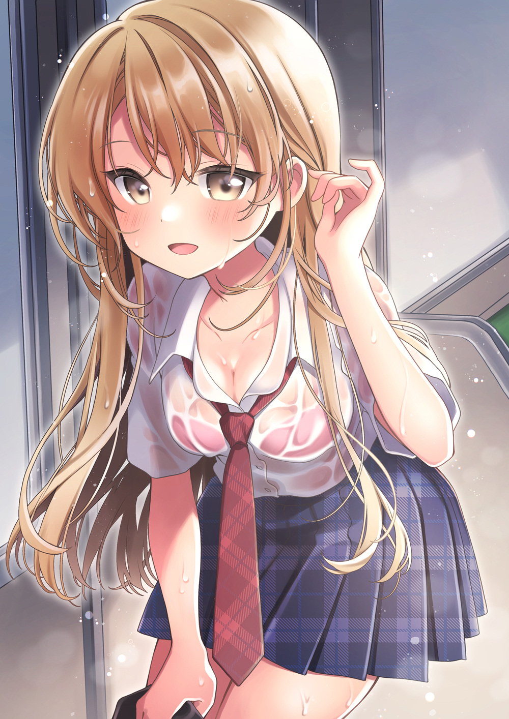 adjusting_hair bra_visible_through_clothes bralines breasts cleavage female female gyaru hand_up highres kawanobe kogal moe2022 necktie original plaid plaid_skirt red_necktie school_uniform see-through shirt skirt uniform wet wet_clothes wet_shirt