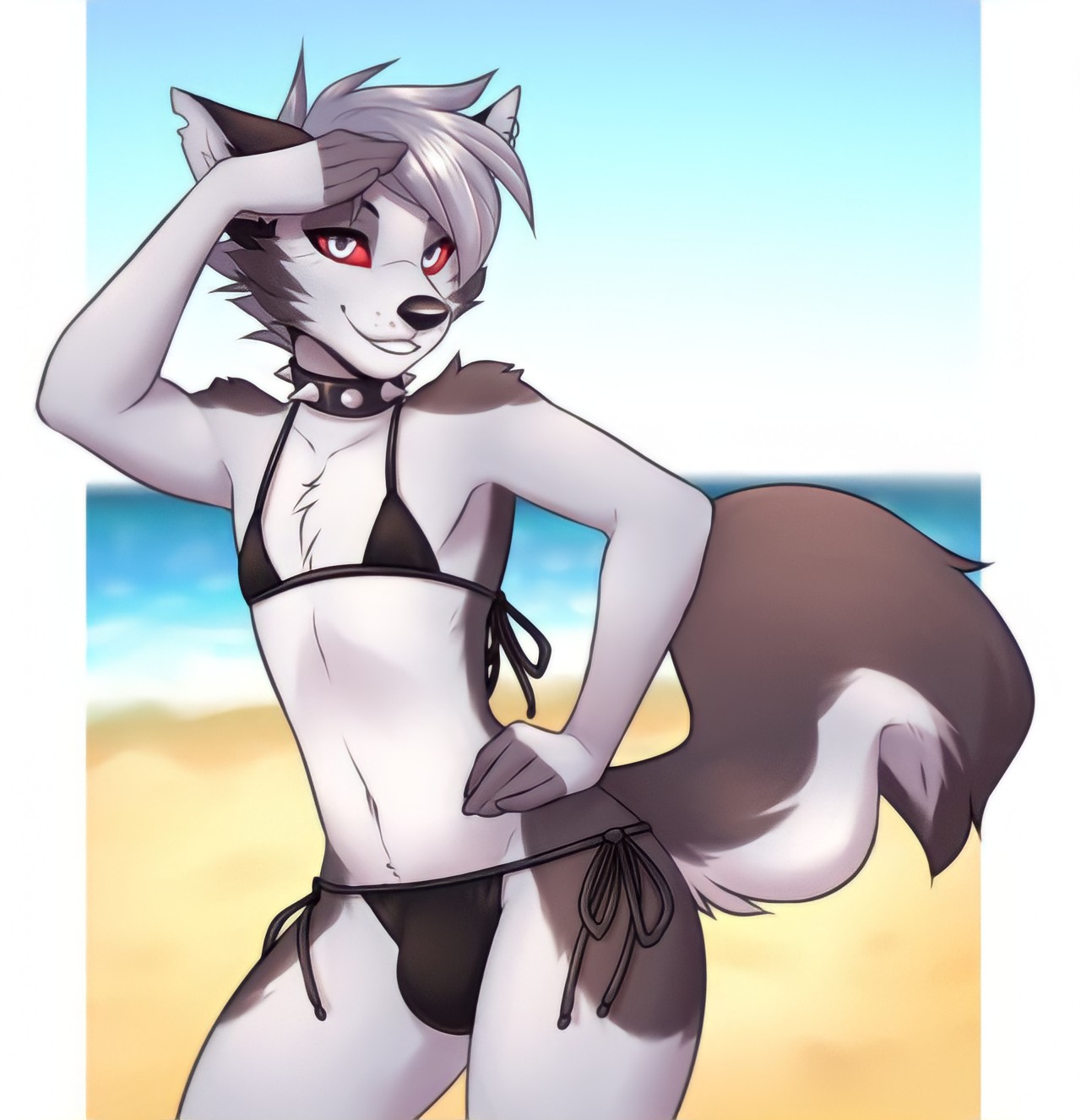 1boy, 1femboy, bikini, bikini bulge, black fur, bulge, clothed, clothing, crossdressing, femboy, femboy only, ftm crossgender, fur, furry, furry only, genderswap, genderswap (ftm), grey body, grey fur, grey hair, hellhound, helluva boss, hi res, lockworkorange, loona (helluva boss), male, male loona, male only, panty bulge, penis, penis in panties, red eyes, red sclera, rule 63, short hair, solo, solo femboy, solo focus, solo male, spiked collar, tail, trap, twink, white fur