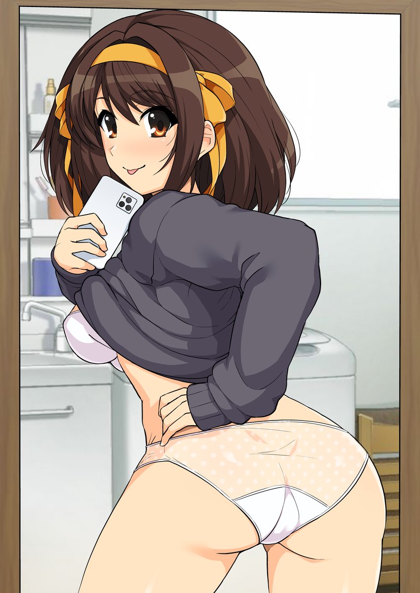 1girls, ass, bra, breasts, clothing, female, haruhisky, mirror selfie, panties, see-through, selfie, shirt, shirt lift, small breasts, smartphone, solo, standing, suzumiya haruhi, suzumiya haruhi no yuuutsu, tagme, taking picture, tongue, tongue out