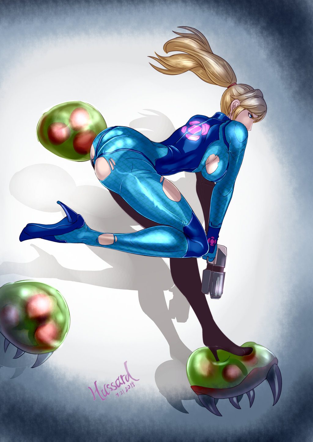 2014, arched back, ass, bent over, blonde hair, bodysuit, breasts, female, green eyes, gun, high heels, highres, human, hussard-yr, large breasts, leg lift, long hair, metroid, metroid (creature), nintendo, ponytail, samus aran, shadow, sideboob, simple background, skin tight, tied hair, torn clothes, weapon, zero suit, zero suit samus