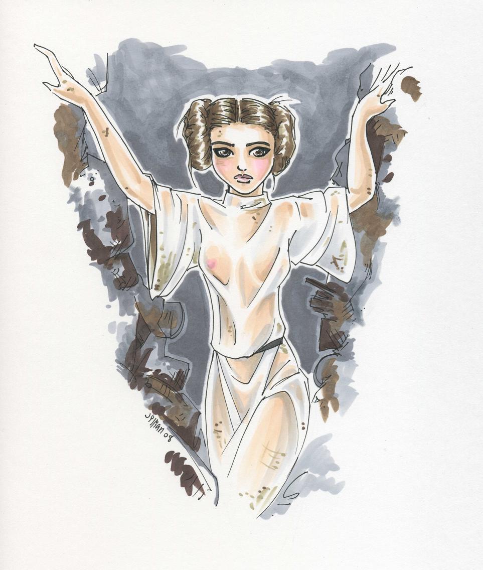 1girls 2008 a_new_hope areolae areolae_visible_through_clothing arms_up artist_signature blush braless clothed clothes dark_eyes dark_hair dirty eyeliner garbage lips makeup marker_(artwork) nipples nipples_visible_through_clothing no_bra odins-girl princess_leia_organa stained_clothes standing star_wars tagme traditional_media_(artwork) transparent_clothing unreadable_signature wet_clothes white_clothing