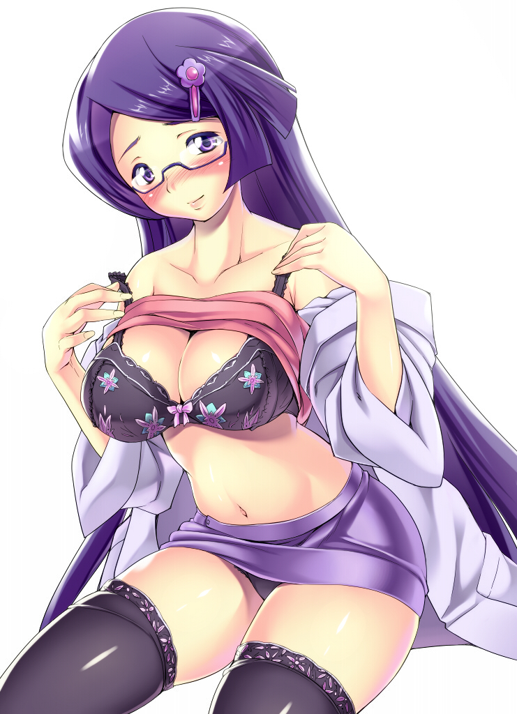 black_bra blush bra breasts cleavage endou_masatoshi fennel_(pokemon) glasses hair_ornament hairclip labcoat large_breasts lingerie long_hair miniskirt nintendo off_shoulder panties pokemon pokemon_bw purple_eyes purple_hair skirt skirt_lift strap_slip thighhighs underwear upskirt very_long_hair