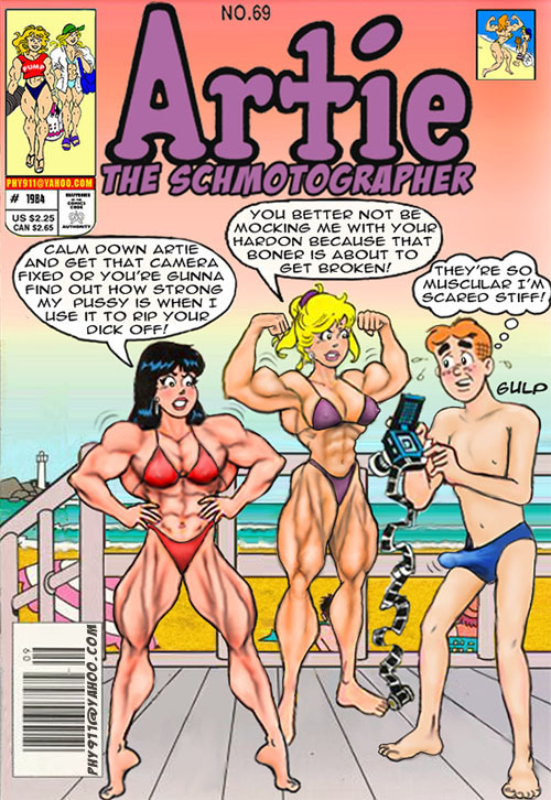 1boy 2girls abs archie_andrews archie_comics beach beach_umbrella betty_cooper black_hair blonde_hair boner broken_camera camera erection_under_clothes film_roll flexing freckles ginger_hair hard_on lighthouse muscular_female ocean peninsula phy911 scared_stiff swimsuits swimwear_only thick_thighs threats tiptoes veronica_lodge