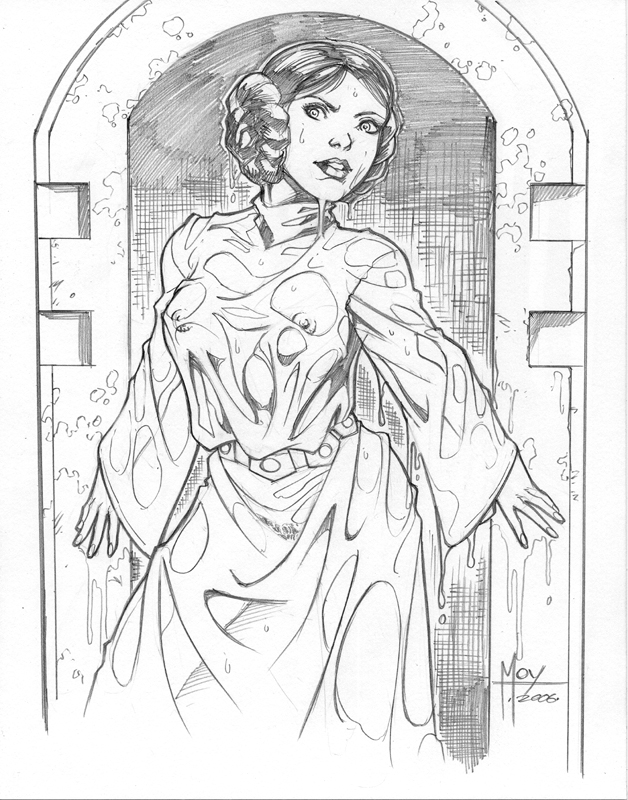 2006 a_new_hope death_star doorway female female_only human human_only jeff_moy nipples_visible_through_clothing princess_leia_organa sketch solo standing star_wars trash_compactor uncensored wet wet_clothes wet_skin