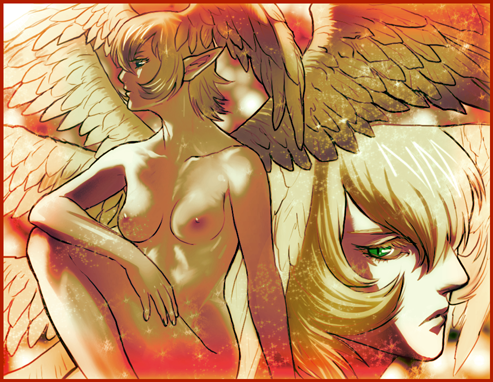 1futa 2009 angel blonde_hair breasts devilman futanari head_wings humanoid isaki isaki_(shimesaba) large_breasts light-skinned_futanari light_skin nipples nude pointy_ears ryo_asuka satan_(devilman) solo villainess wings