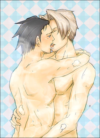 2boys ace_attorney arms_around_neck artist_request back bare_back black_hair closed_eyes french_kiss gyakuten_saiban half-closed_eyes hug human human_only kissing light_brown_hair looking_at_another male male_only miles_edgeworth multiple_boys multiple_males narumistu nude phoenix_wright short_hair standing steam tongue wrightworth yaoi