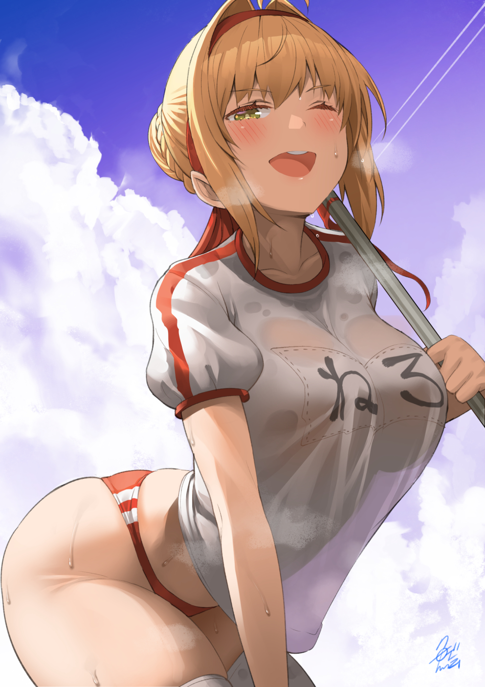 1girls 2022 bloomers breasts buruma fate/grand_order fate_(series) female female_only green_hair gym_clothes gym_uniform hips huge_breasts looking_at_viewer naughty_face nero_claudius_(fate) nero_claudius_(olympian_bloomers) red_bloomers short_hair slim_waist sportswear thick_thighs thighs uo_denim wide_hips workout_clothes