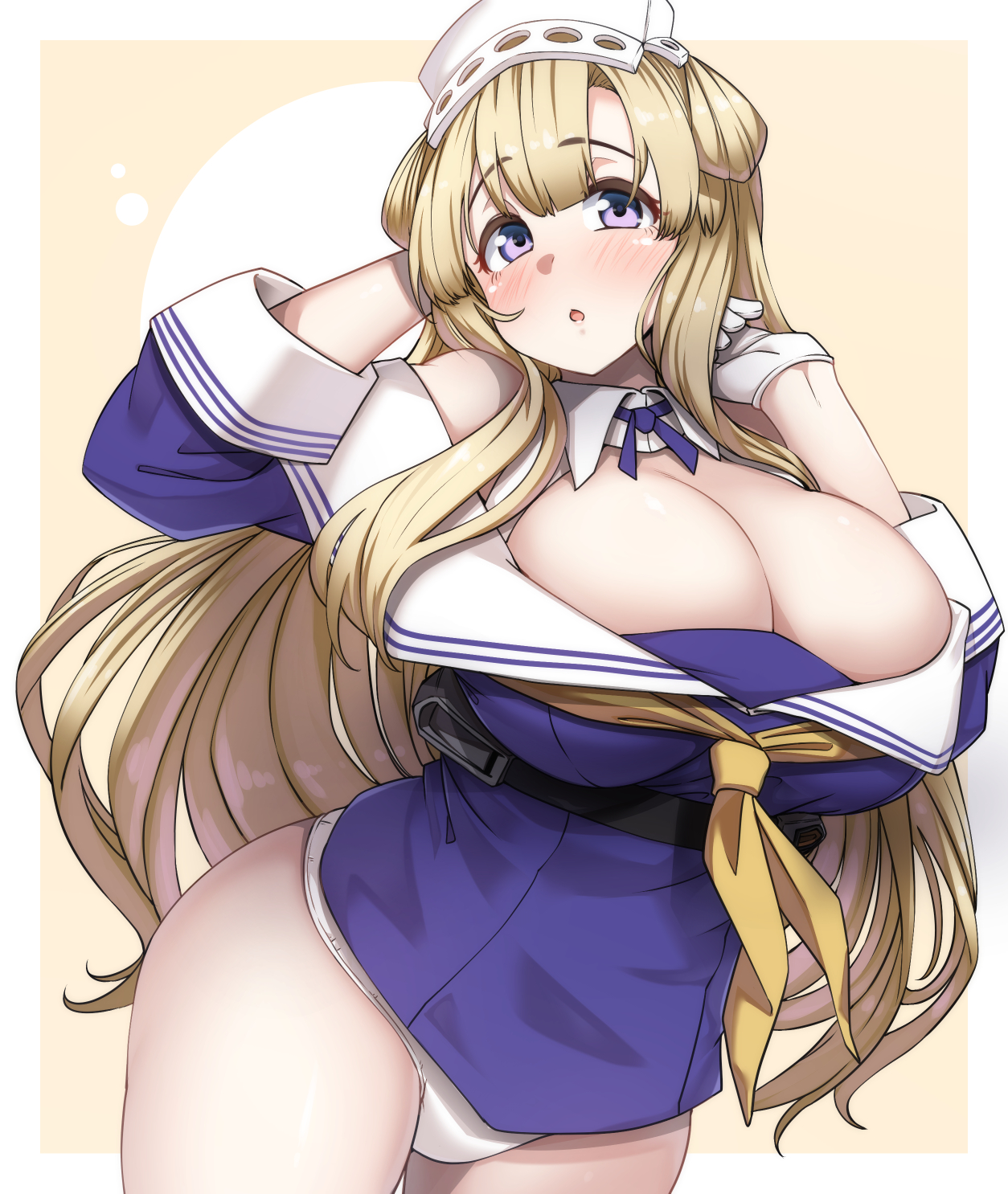 bangs, blonde hair, blue shirt, blush, breasts, cleavage, cowboy shot, double bun, female, fletcher (kantai collection), gloves, hair ornament, headgear, highres, huge breasts, kantai collection, konoshige (ryuun), long hair, long sleeves, looking at viewer, neckerchief, no pants, off shoulder, open mouth, panties, purple eyes, ryuun (stiil), sailor collar, shirt, simple background, solo, underwear, very long hair, white gloves, white panties, white sailor collar, yellow neckerchief