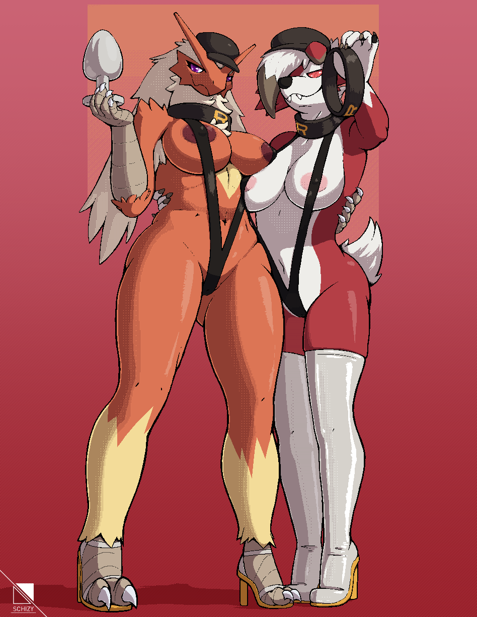 anthro big_breasts blaziken female female_blaziken high_heels lycanroc midnight_lycanroc nintendo pokemon pokemon_(species) schizy sex_toy tagme team_rocket_(cosplay) thick_thighs