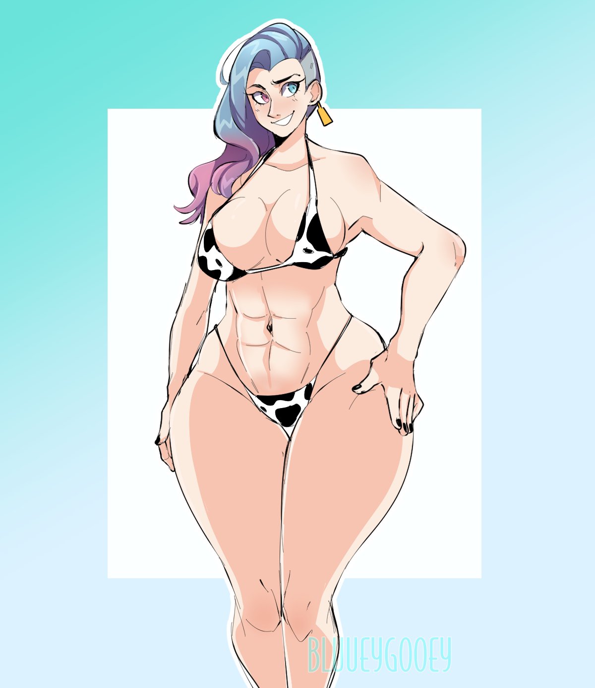 1girls, abs, bare legs, bikini, black nails, blue eyes, blue hair, bluueygooey, breasts, cow print, cow print bikini, curvy, earrings, female, female only, heterochromia, large breasts, light blue hair, multicolored hair, nail polish, original, pink eyes, pink hair, smile, tag, thick thighs, voluptuous