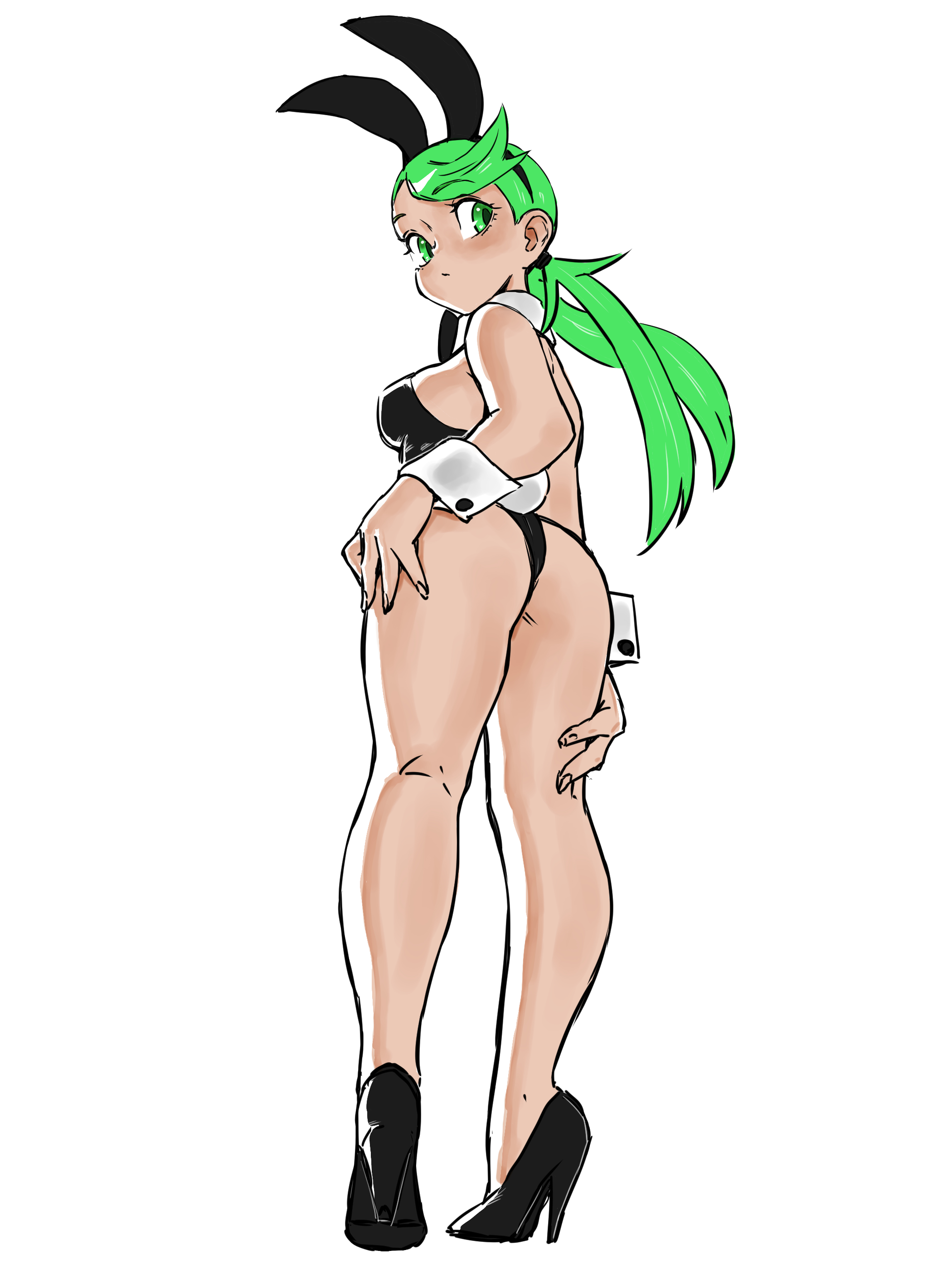 1girls, ass, bunny ears, bunny girl, bunnysuit, butt crack outline, dark skin, dark-skinned female, female, female only, game freak, green hair, high heels, mallow (pokemon), pokemon, pokemon sm, solo, tall, tall female, teenage girl, toshinoshin00, white background, wide hips