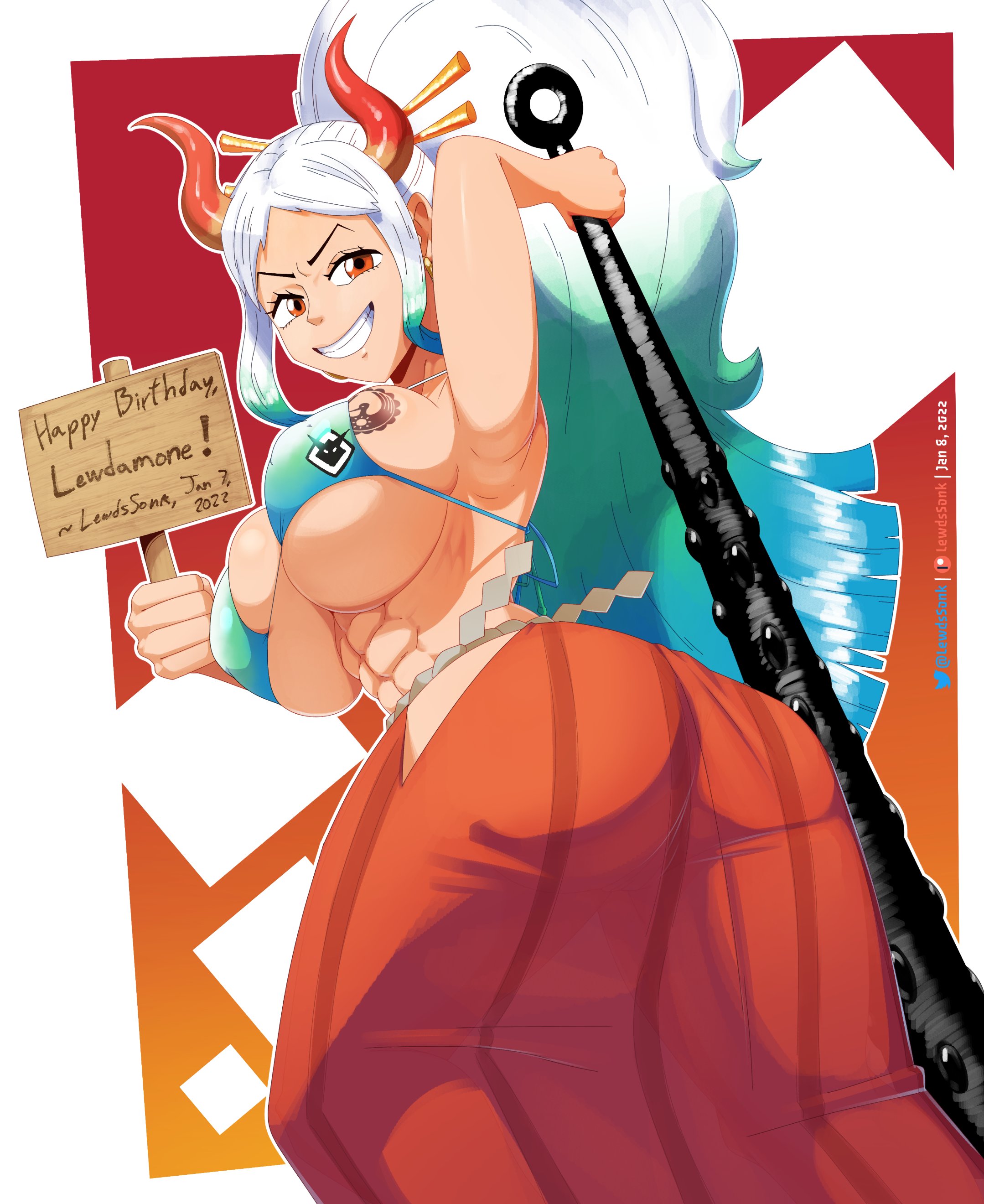 1girls, 2022, abs, big breasts, blue hair, bra, breasts, brown eyes, clothed, clothing, curvy, ear piercing, earrings, english, english text, female, female focus, female only, gradient hair, hakama, hi res, highres, hoop earrings, horned humanoid, horns, huge breasts, humanoid, kanabou, large breasts, lewdssonk, light skin, light-skinned female, long hair, looking at viewer, looking back, multicolored hair, muscular, muscular female, nipple bulge, one piece, oni, oni horns, red eyes, revealing clothes, shounen jump, sideboob, sign, simple background, smile, smiling, smiling at viewer, solo, solo female, solo focus, tattoo, tattoo on chest, text, two-tone hair, underboob, watermark, white hair, white-haired female, wide hips, yamato (one piece)