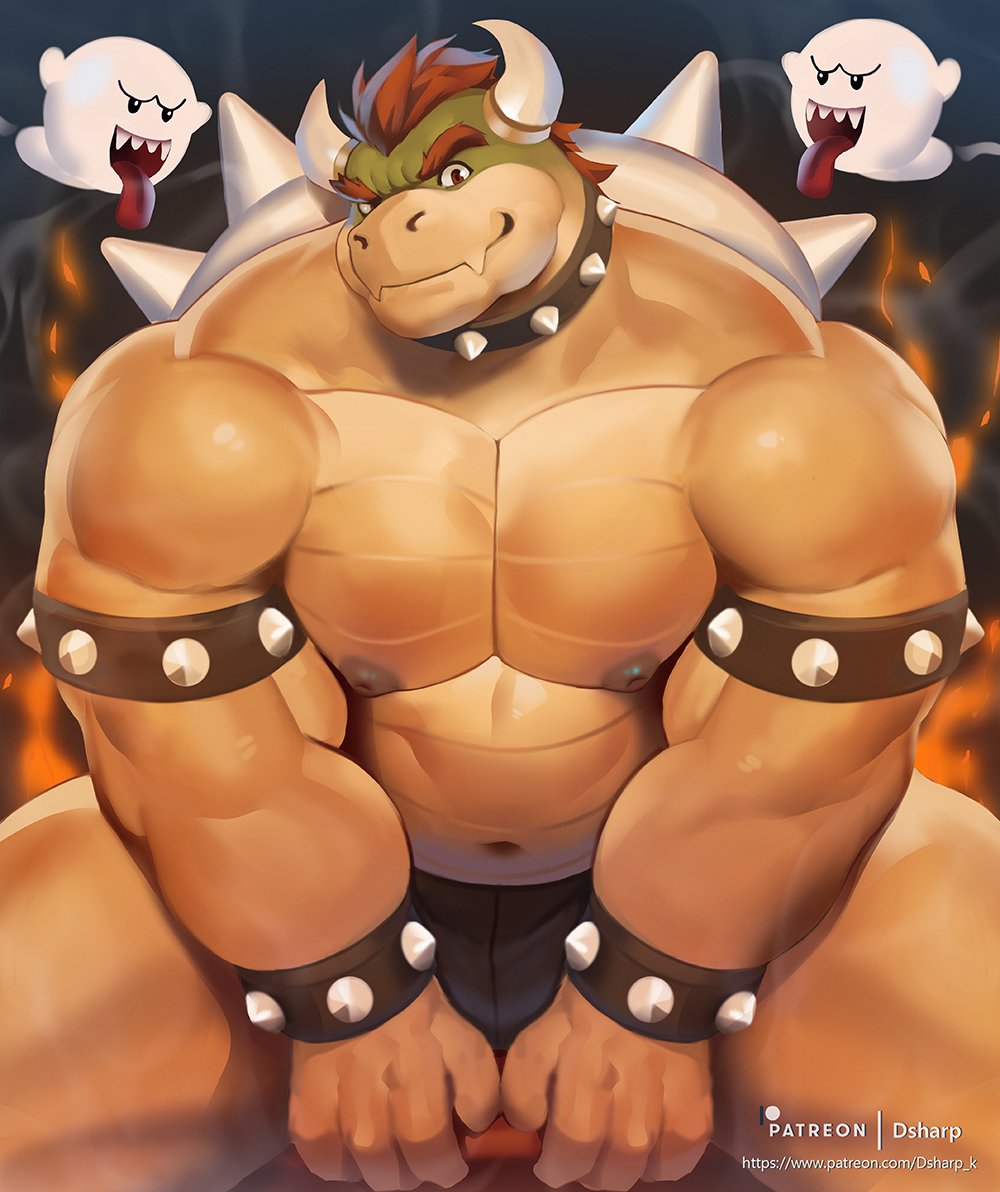 1boy 2others ambiguous_gender bara boo_(mario) bowser bulge dsharp_k fire gay ghost koopa looking_at_viewer male male_focus male_only mario_(series) muscles muscular nintendo nipples solo_focus spread_legs