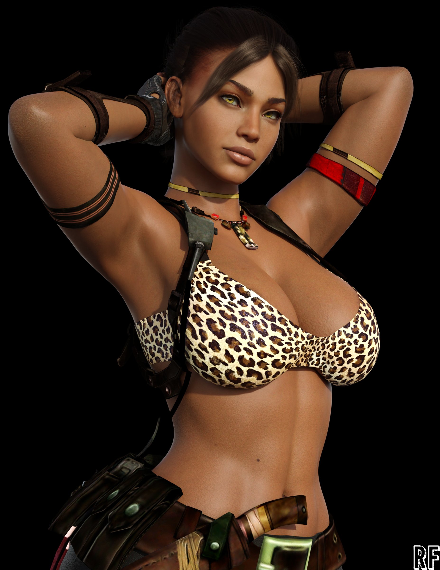 1girls, 3d, absurd res, african, african female, arms behind head, arms up, athletic, athletic female, breasts, capcom, cleavage, dark skin, dark-skinned female, daz studio, female, female only, fully clothed, hi res, human, large breasts, leopard print, looking at viewer, resident evil, resident evil 5, rude frog, sheva alomar, solo, yellow eyes