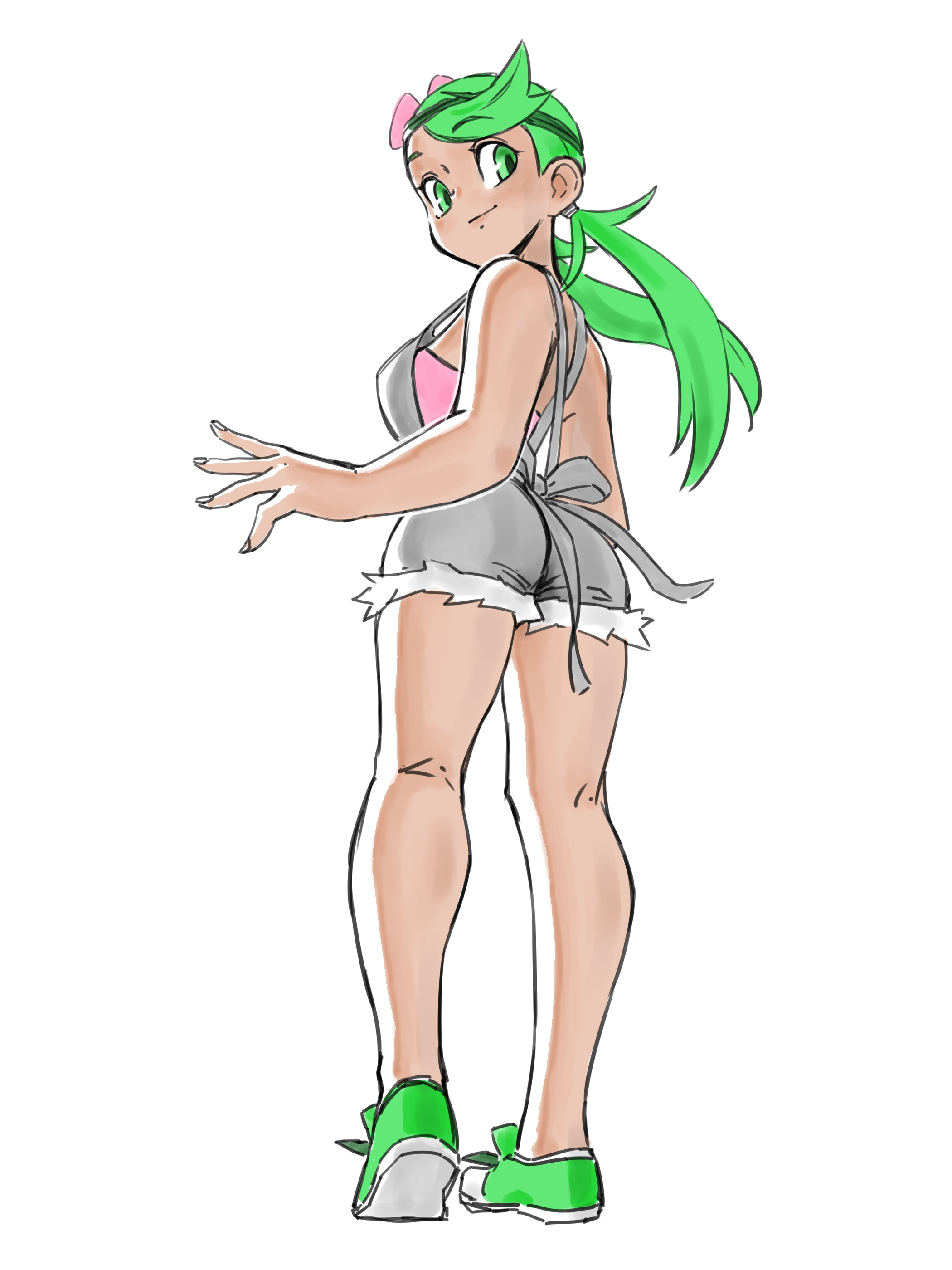 1girls, apron, butt crack outline, dark skin, dark-skinned female, female, female only, game freak, green hair, mallow (pokemon), pokemon, pokemon sm, shorts, solo, tall, tall female, toshinoshin00, white background, wide hips