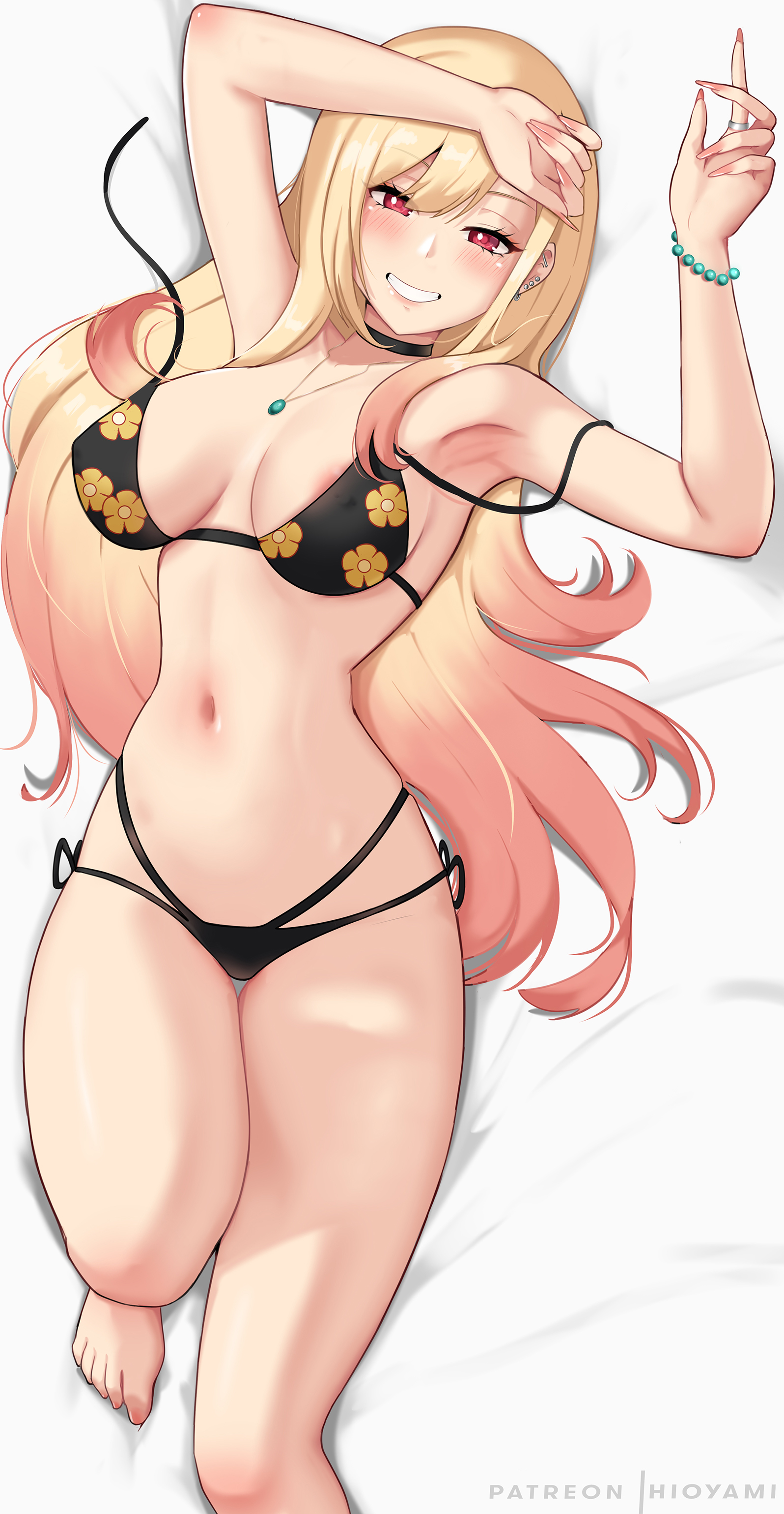 1girls, armpits, barefoot, bed, bikini, blonde hair, blush, breasts, eye contact, feet, female, gyaru, hioyami, kitagawa marin, long fingernails, looking at viewer, necklace, on bed, smile, solo, sono bisque doll wa koi wo suru, thick thighs, thighs