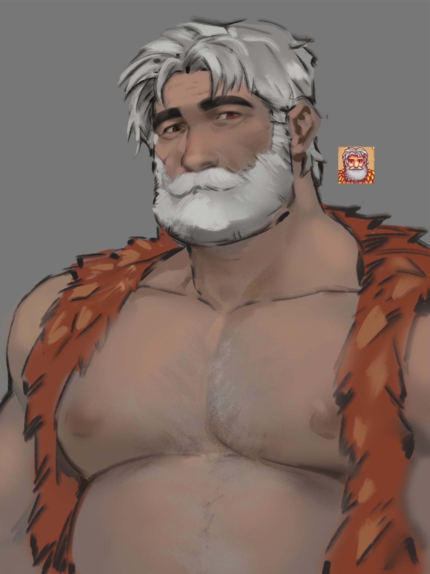 beard, fat, fat male, hairy, linus (stardew valley), male, male focus, male only, muscular, red eyes, shirtless, stardew valley, twitter, white hair