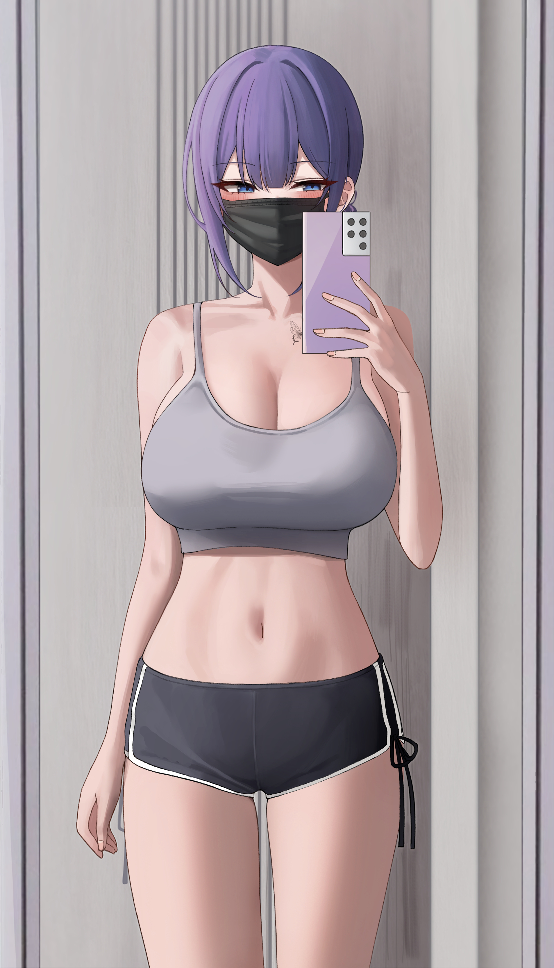 1girls, absurdres, bangs, bare shoulders, big breasts, biya, black shorts, blue eyes, blush, breasts, cellphone, cleavage, collarbone, dolphin shorts, face mask, female, female only, highres, large breasts, long hair, mask, navel, oppai, original, phone, ponytail, purple hair, selfie, short shorts, shorts, smartphone, solo, solo female, sports bra, thighs, tomboy, unbothered, uncaring, wholesome, yuna (biya)