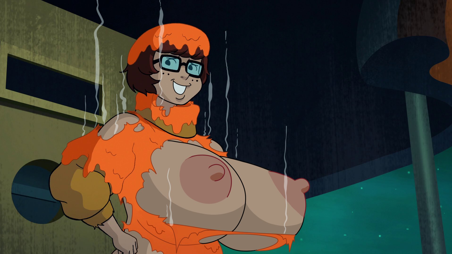 1girls, accurate art style, areolae, big areola, big breasts, breasts, edit, edited, edited screencap, erect nipples, female, female only, hanna-barbera, huge nipples, hyper breasts, large areolae, large breasts, nervous smile, nipples, scooby-doo, screencap, screenshot edit, solo, solo female, velma dinkley, woot