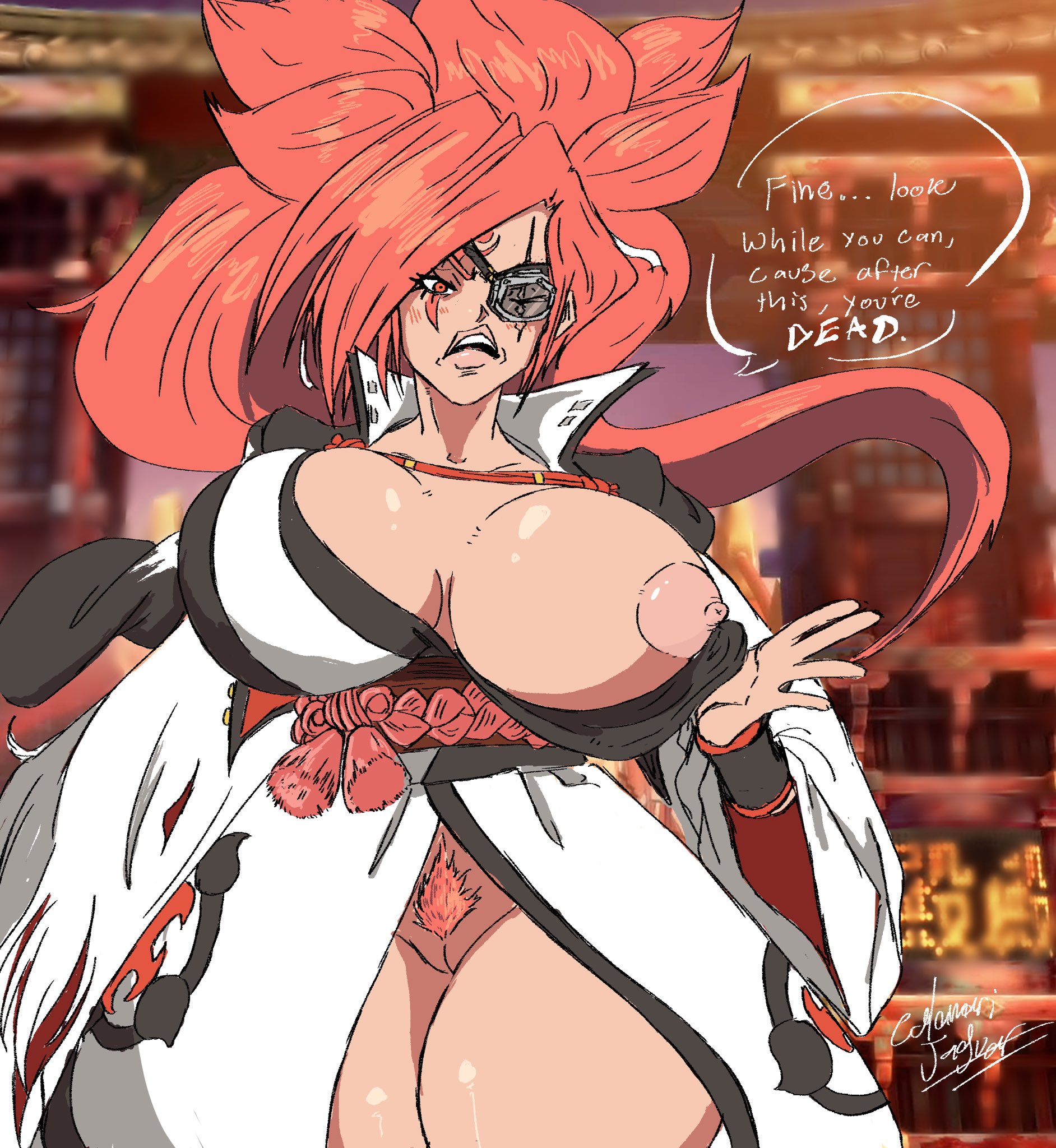 1girls, areolae, artist request, baiken, big breasts, breasts, busty, dialogue, english text, eye patch, female, female focus, female only, flashing, flashing breasts, flashing pussy, going commando, guilty gear, hourglass figure, large breasts, nipples, pink eyes, pink hair, pubes, pubic hair, pussy, scar, scar across eye, solo, speech bubble, tagme, text, undressed, undressing, vagina, wide hips