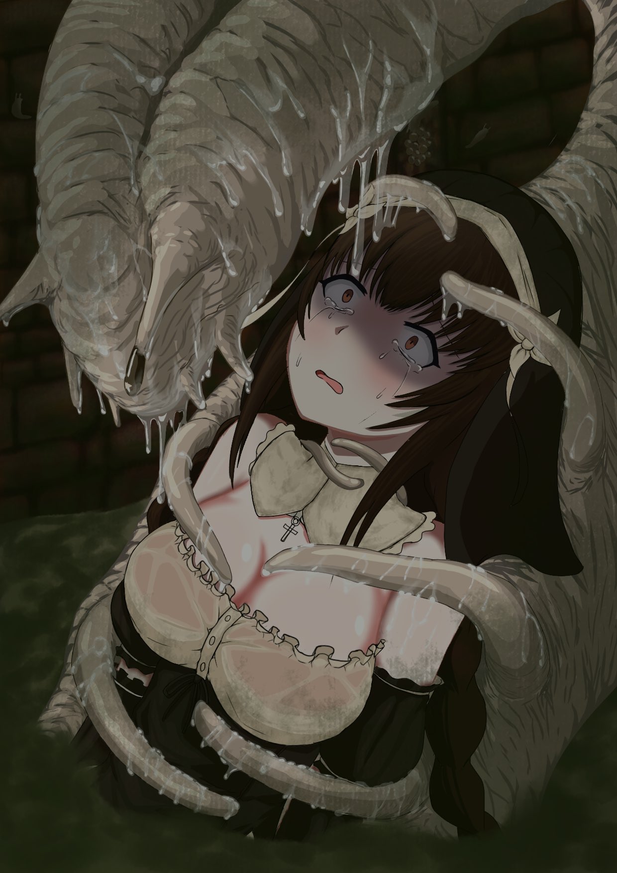 1girls armwear breasts brown_eyes brown_hair cleavage clothing constricted_pupils crying female female_human femsub green_tentacles headwear human imminent_sex interspecies long_hair monster nun open_mouth pale-skinned_female pale_skin rabiane_(sinisistar) rape restrained sinisistar size_difference slug smaller_female tears tentacle topwear wide_eyed