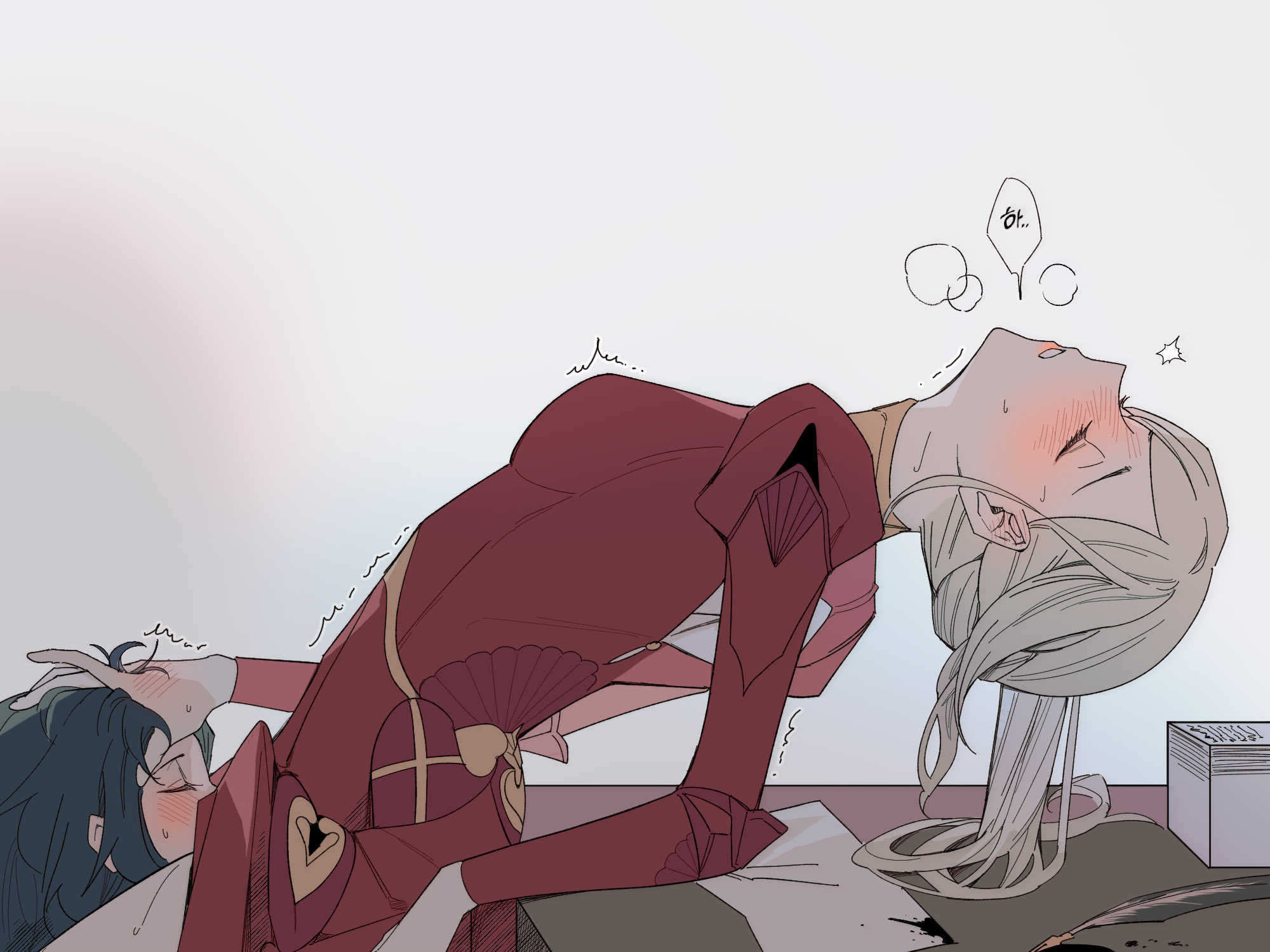 2girls, against table, bang gu9, blue hair, blush, byleth (fire emblem), byleth (fire emblem) (female), cunnilingus, dress, edelgard von hresvelg, female, female only, fire emblem, fire emblem: three houses, hand on another's head, head back, highres, ink, leaning back, multiple females, multiple girls, nintendo, oral, parted lips, post-timeskip, quill, red dress, sex, silver hair, simple background, sweat, teal hair, trembling, yuri
