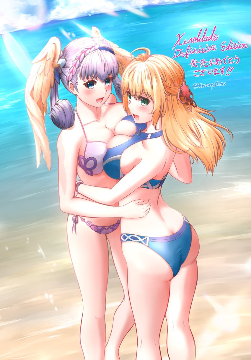 ass beach blonde_hair blue_eyes breasts fiora_(xenoblade) green_eyes grey_hair head_wings melia_antiqua mercury_xeno navel nintendo short_hair stomach swimsuit water xenoblade_(series) xenoblade_chronicles