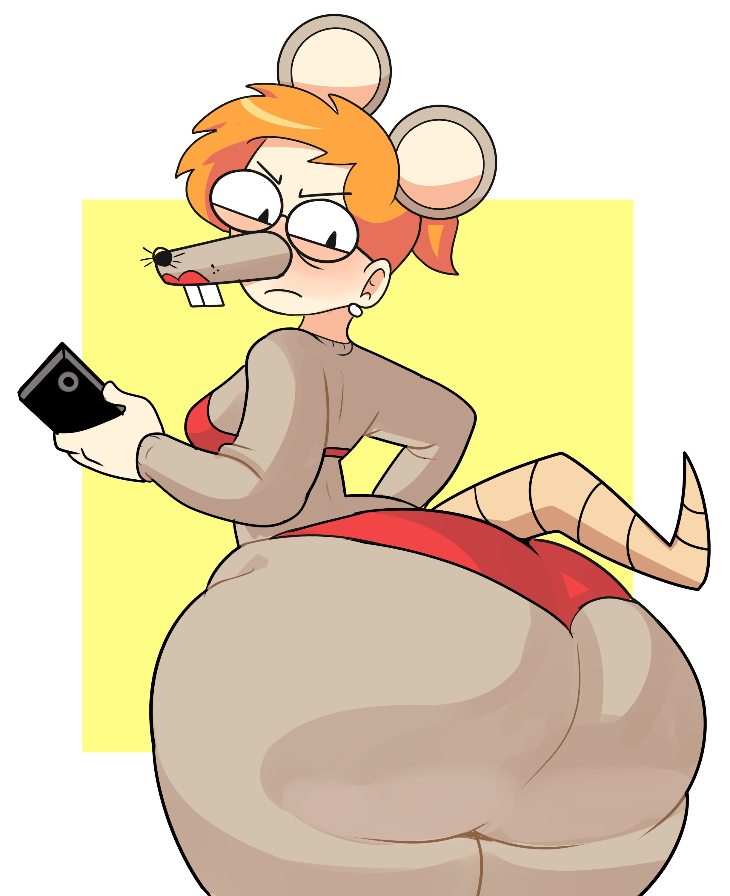 adult swim, ass, big ass, costume, female, female only, glasses, halloween costume, orange hair, phone, rat ears, rat tail, smiling friends, solo, solo female, superspoe, zoey (smiling friends)