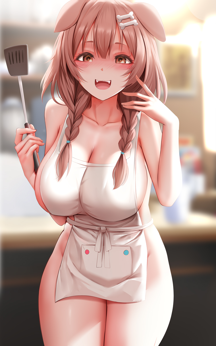 1girls, 2022, animal ears, apron, apron only, breasts, brown eyes, brown hair, dog ears, dog girl, fangs, female, female only, ginhaha, hair ornament, hips, holding object, hololive, hololive gamers, hololive japan, huge breasts, indoors, inugami korone, kitchen, long hair, looking at viewer, naked apron, shirt, slim waist, smile, thick thighs, virtual youtuber, wide hips