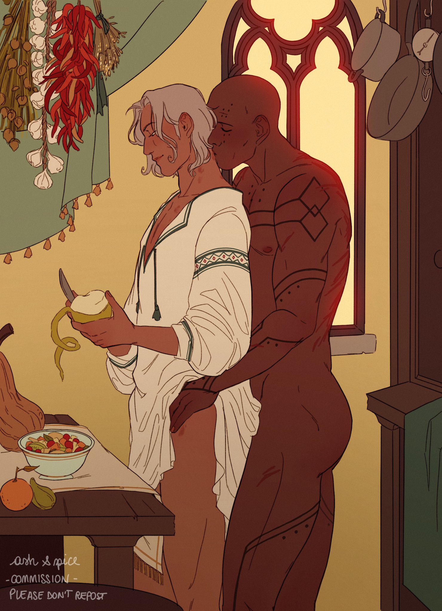 ash & spice, ass, bishonen, bite mark, bottomless, bottomless male, castlevania, castlevania (netflix), cooking, dark skin, dark-skinned male, gay, hector (castlevania), hickey, hickey marks, isaac (castlevania tv series), kissing, kitchen, love, male, male only, muscular, muscular male, nude, nude male, partially clothed, playful, romantic, romantic couple, scars, silver hair, smile, tattoos, wholesome, yaoi