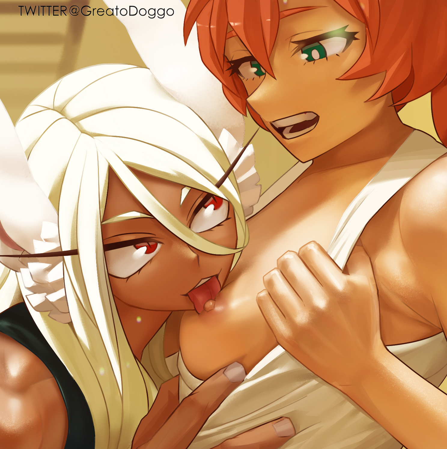2girls, animal ears, black tank top, breasts, commentary, dark skin, dark-skinned female, female, female only, greatodoggo, green eyes, highres, itsuka kendou, kendou itsuka, licking, licking nipple, long hair, miruko, multiple females, multiple girls, my hero academia, nipples, orange hair, orange-haired female, rabbit ears, red eyes, rumi usagiyama, shounen jump, side ponytail, small breasts, tank top, tongue, tongue out, twitter username, usagiyama rumi, white hair, white tank top, white-haired female, yuri