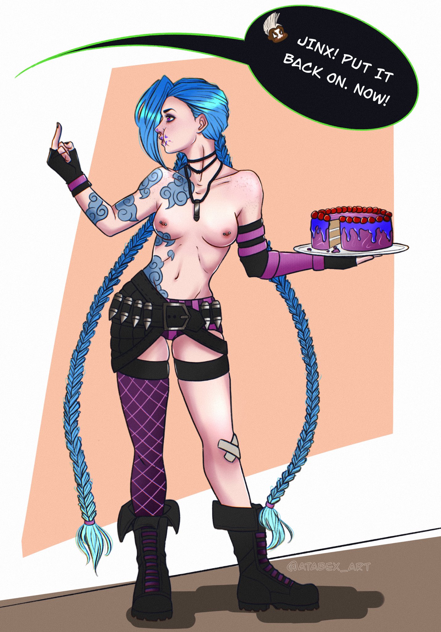 1girls, atabex art, blue hair, breasts, female, female only, jinx (league of legends), league of legends, light skin, light-skinned female, long hair, piercing