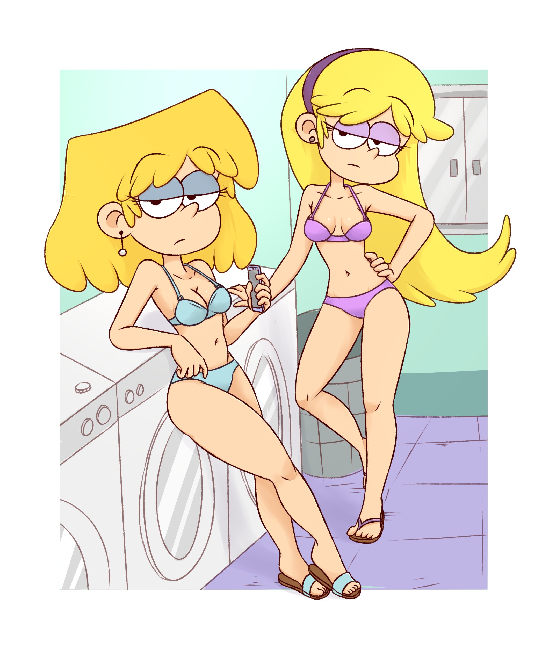 2girls, black eyes, blonde female, blonde hair, bra, breasts, carol pingrey, cleavage, drawsoyeah, female, female only, laundromat, laundry, looking at viewer, lori loud, nickelodeon, panties, staring at viewer, the loud house, underwear
