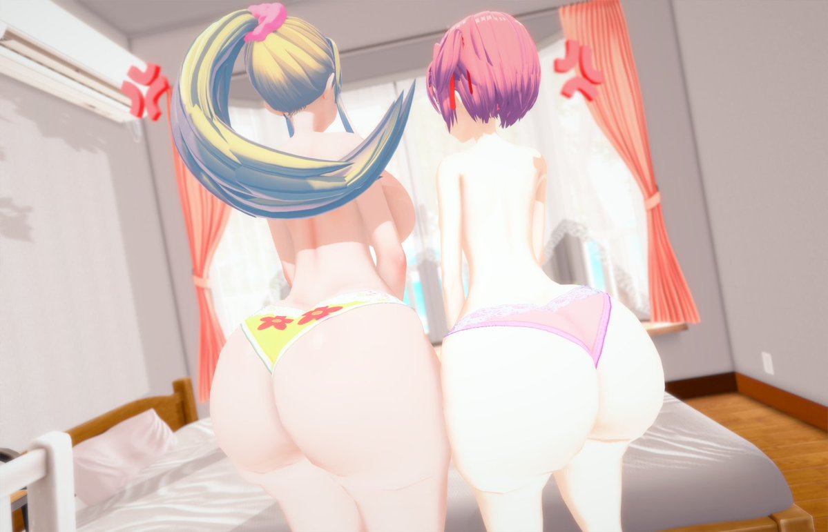2girls, 3d, ass, ass cleavage, ass crack, back view, backboob, big breasts, blonde hair, breasts, bubble ass, bubble butt, butt crack, crossover, danganronpa, danganronpa 2: goodbye despair, danganronpa 3, doki doki literature club, female, female only, koikatsu, long hair, multiple females, multiple girls, natsuki (doki doki literature club), packed mushrooms, panties, pink hair, pink panties, ponytail, saionji hiyoko, short hair, shortstack, thick ass, tsundere, underwear, yellow panties