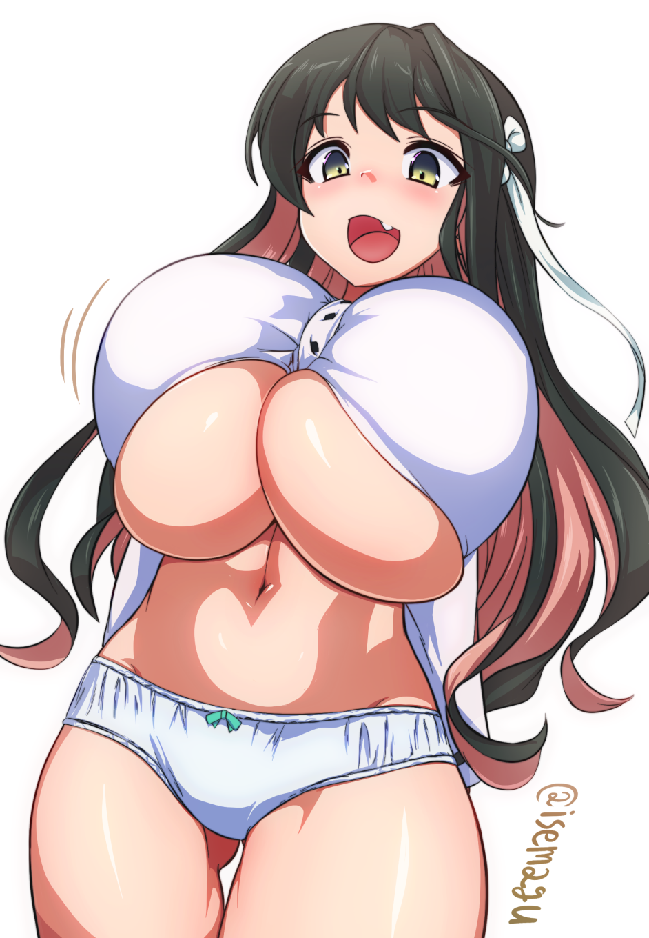 artist_name blush bow bow_panties breasts bursting_breasts buttons cleavage female headband highres huge_breasts isemagu kantai_collection long_hair long_sleeves multicolored_hair naganami_(kantai_collection) navel oerba_yun_fang panties shirt solo sweat twitter_username underwear white_background white_panties white_shirt