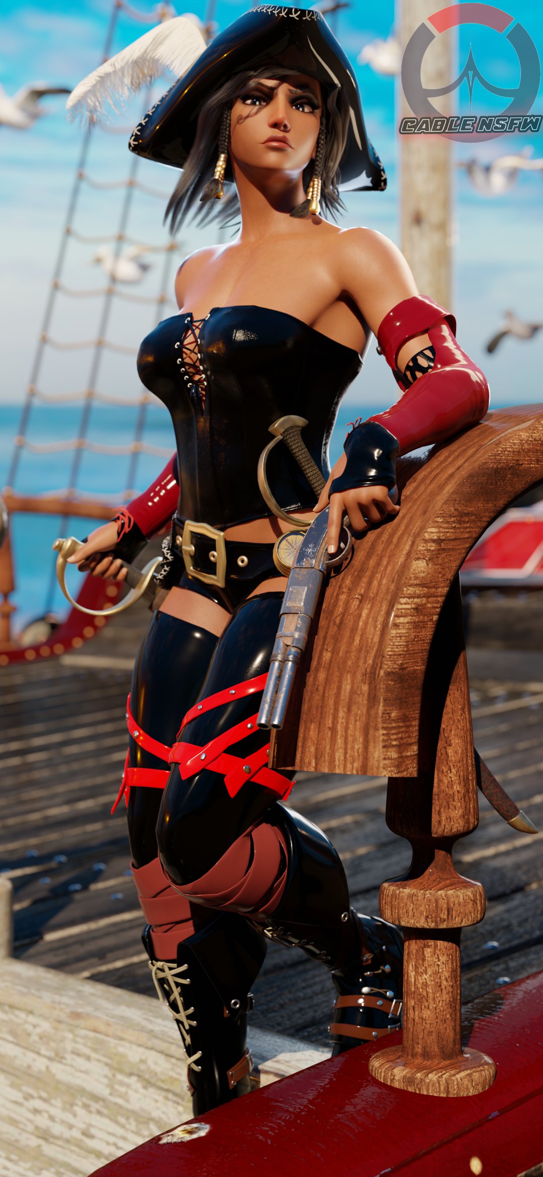 1girls 3d athletic black_hair black_legwear blizzard_entertainment cablensfw dark-skinned_female dark_skin egyptian facing_viewer fareeha_amari female female_only fit_female human large_breasts latex looking_at_viewer outdoors overwatch pharah pirate pirate_hat pirate_ship pistol posing posing_with_weapon skin_tight solo tattoo