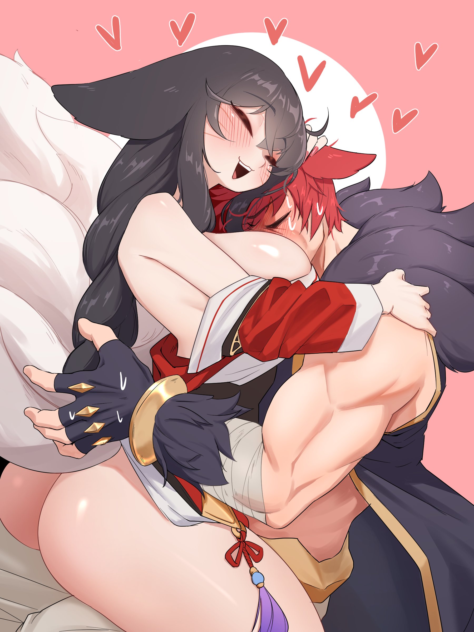 ^ ^, 1boy, 1girls, 2022, 3:4, absurd res, ahri, animal ears, ass, bare shoulders, big ass, black gloves, black hair, blush, braid, breast press, breast smother, breasts, cleavage, closed mouth, clothing, cute, ears down, embarrassed, eyebrows visible through hair, female, fingerless gloves, fluffy, fluffy tail, fox ears, fox girl, full-face blush, fur trim, gloves, hand on head, hand on shoulder, happy, heart, highres, hug, hugging, jewelry, kimono, large breasts, league of legends, long fingernails, long hair, long ponytail, male, multi tail, muscles, muscular, muscular male, nail polish, off shoulder, open mouth, pink background, pink nails, ponytail, red hair, revealing clothes, sett, short hair, simple background, single braid, sitting, sitting on lap, sitting on person, smile, sweat, sweatdrop, tail, tails, teeth, thick thighs, thighs, tied hair, tongue, vastaya, wholesome, yabby