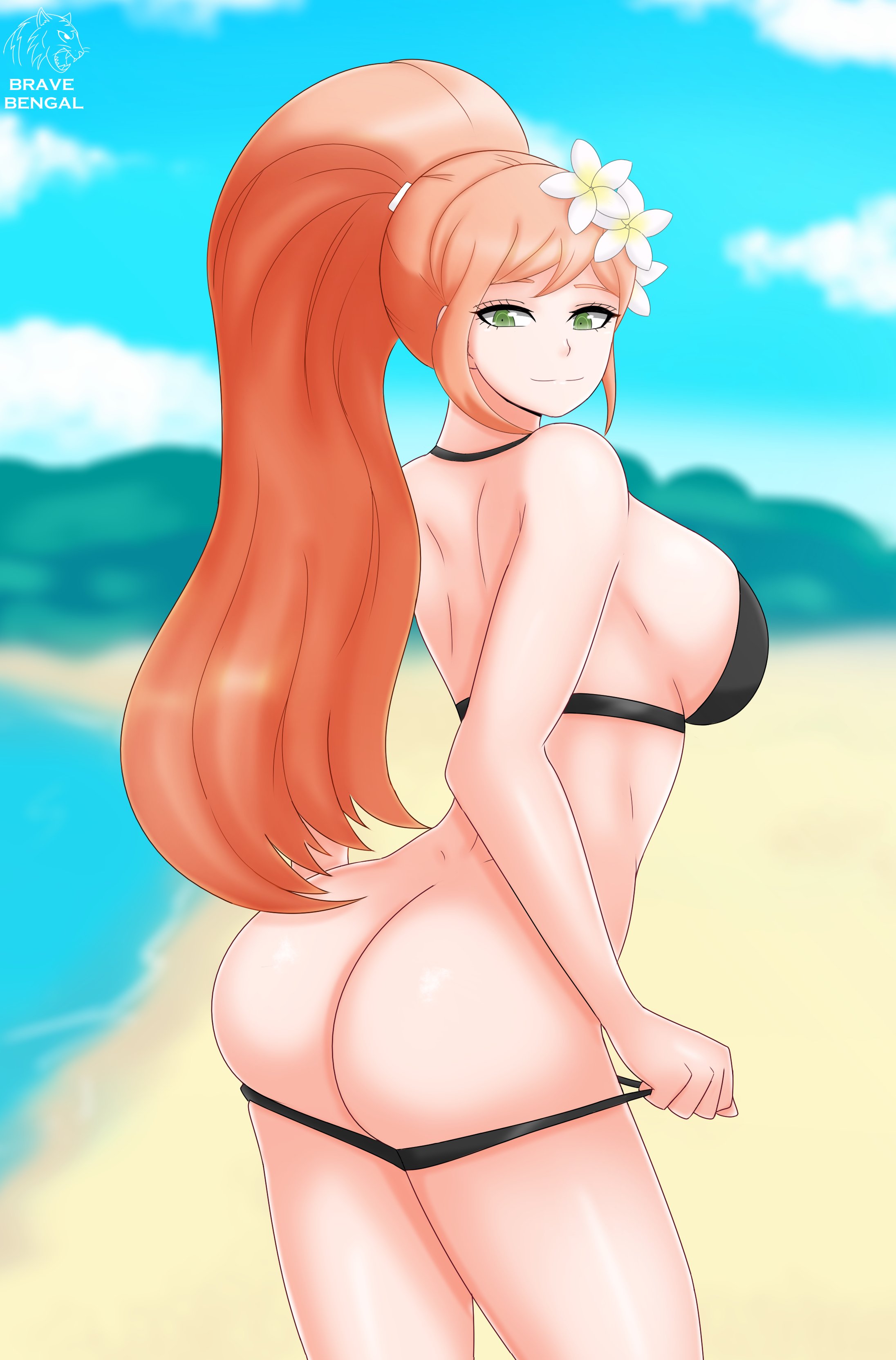 1girls, 2022, 2d, 2d (artwork), artist logo, artist name, artist signature, ass, beach, big ass, big breasts, big butt, bikini bottom, bikini bottom pull, bikini top, black bikini, bravebengal, breasts, bubble ass, bubble butt, danganronpa, danganronpa 3, danganronpa s: ultimate summer camp, day, female, female only, flower, flower in hair, green eyes, human, human only, light skin, light-skinned female, long hair, looking back, orange hair, outdoors, paag, ponytail, presenting, presenting ass, pulling, pulling clothing, pulling down pants, pulling panties, removing bikini, removing clothing, sand, sea, seaside, sky, sole female, solo, solo female, straight hair, thick thighs, yukizome chisa