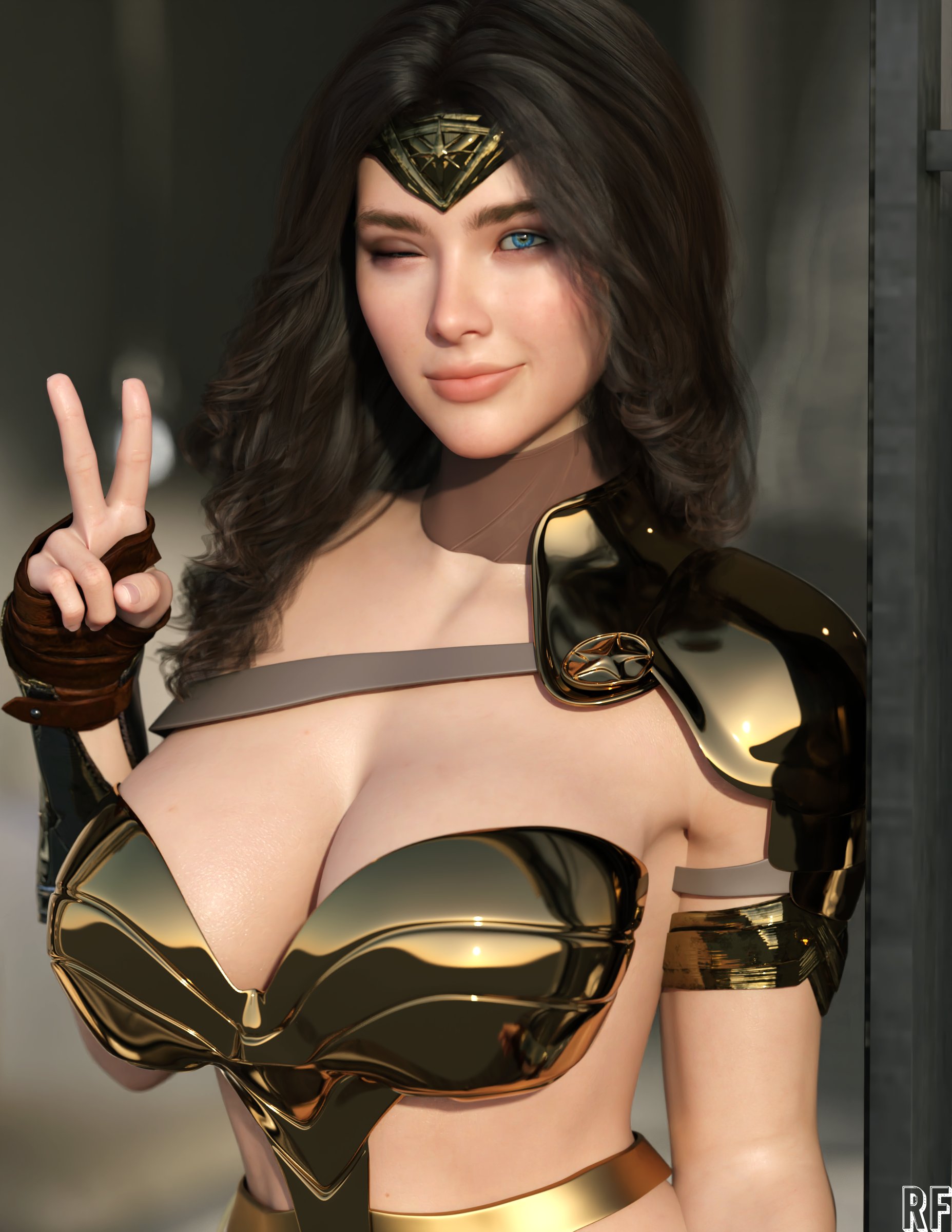 1girls, 3d, absurd res, black hair, blue eyes, breasts, cleavage, dc, dc comics, diana prince, female, female only, hi res, large breasts, looking at viewer, one eye closed, pose, rude frog, solo, superheroine, wonder woman, wonder woman (series)