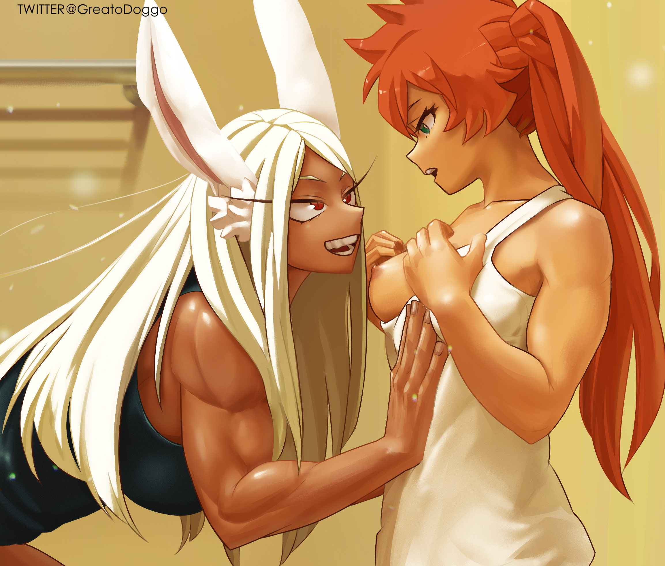 2girls, animal ears, bare arms, bathroom, biceps, black tank top, breasts, collarbone, commentary, dark skin, dark-skinned female, eye contact, female, female only, greatodoggo, green eyes, highres, itsuka kendou, kendou itsuka, large breasts, long hair, looking at another, medium breasts, miruko, multiple females, multiple girls, muscular, muscular female, my hero academia, nipples, open mouth, orange hair, orange-haired female, ponytail, rabbit ears, red eyes, rumi usagiyama, smile, tank top, twitter username, upper body, usagiyama rumi, white hair, white tank top, white-haired female, yuri