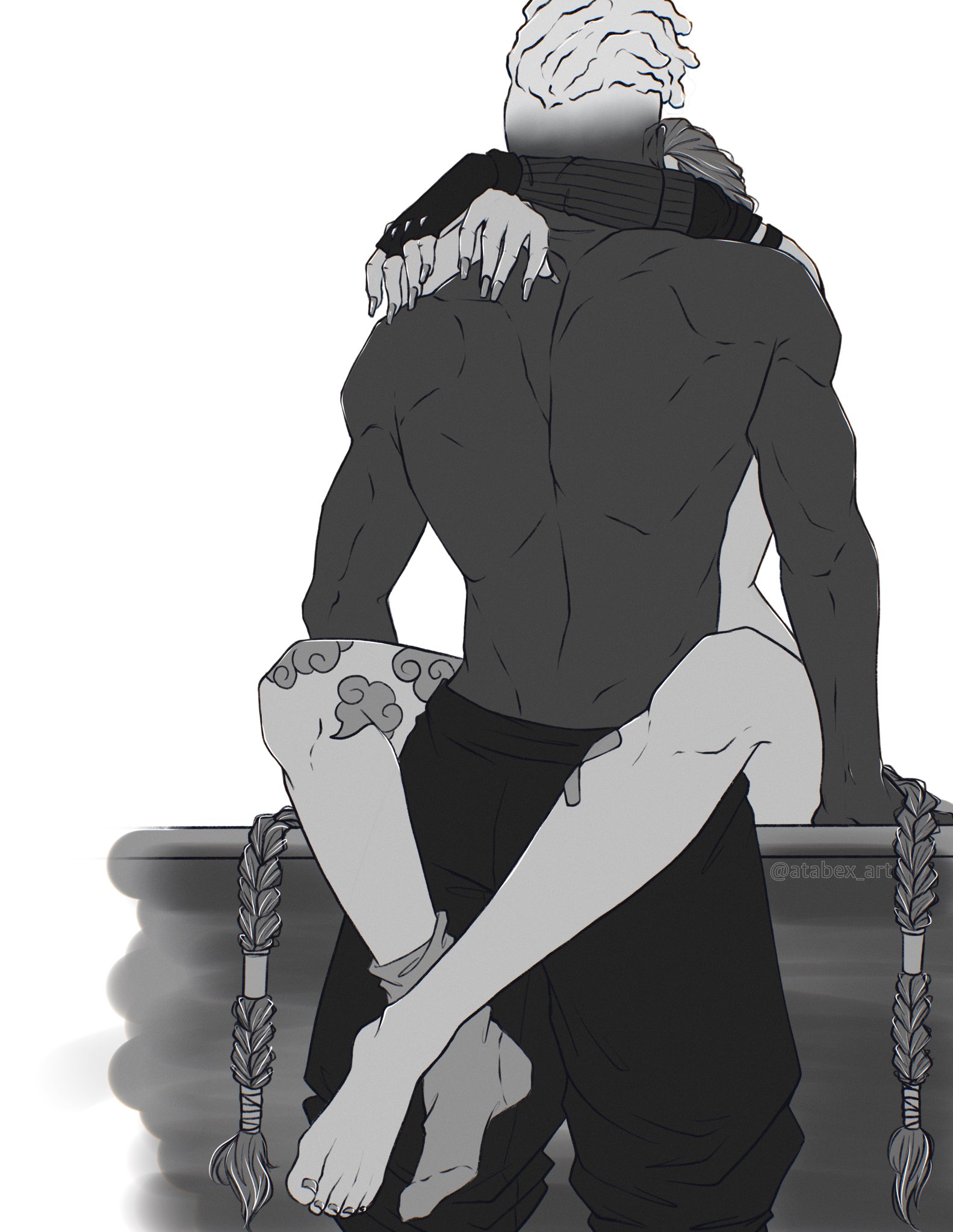 1boy, 1girls, arcane, arcane ekko, arcane jinx, atabex art, couple, dark skin, dark-skinned male, ekko, female, hetero, interracial, jinx (league of legends), league of legends, leg lock, light skin, light-skinned female, male, monochrome, single sock, sketch, toes, topless