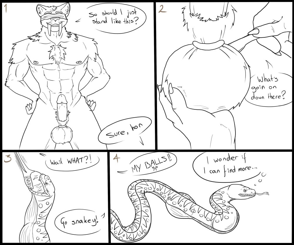 >:) 2013 4_panel_comic 5_fingers ?! abs ambiguous_gender anthro areola arms_by_side athletic athletic_anthro athletic_male ball_bite ball_grab balls banding bare_skin belly biceps black_and_white black_border black_pupils blindfold body_part_in_mouth border castration chest_tuft claws comic consuming_genitalia countershade_belly countershading dialogue digital_drawing_(artwork) digital_media_(artwork) duo ears_outwards elastrator_band empty_scrotum encouragement english_text epididymis erection exclamation_point exposed_testicle eyebrows faceless_ambiguous faceless_character fangs felid feline feral finger_claws fingers forked_tongue frown fur furry_balls genital_mutilation genital_torture genitals glans gore hands_on_own_hips handwritten_text hard_vore holding_balls holding_object holding_scalpel humanoid_genitalia humanoid_hands humanoid_penis line_art lips machairodontine male mammal markings medical_instrument monochrome neck_tuft nipples numbered_sequence offscreen_male one_page_comic partial_speech_bubble pecs penis pivoted_ears prick_ears pubes puncture_wound pupils question raised_eyebrows realization reptile sabertooth_(anatomy) scales scalie scalpel scent_gland scenting scientific_instrument sequence severed_testicle shoulder_tuft simple_background slit_scrotum slithering smile smilodon snake soggy2002 speech_bubble spots spotted_markings standing stocky stomach_bulge striped_markings stripes surgical_instrument sydion_(charn) testicle_in_mouth testicle_vore text thought_bubble tongue tongue_out tuft unaware unaware_prey urethra vore whiskers white_background wounded