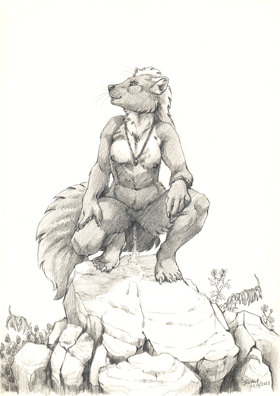 2022 anthro bodily_fluids breasts claws female fur genital_fluids greyscale gulonine hair hi_res jewelry mammal marten monochrome mustelid musteline necklace necklace_only nipples nude outside peeing scale_(artist) solo urine whiskers