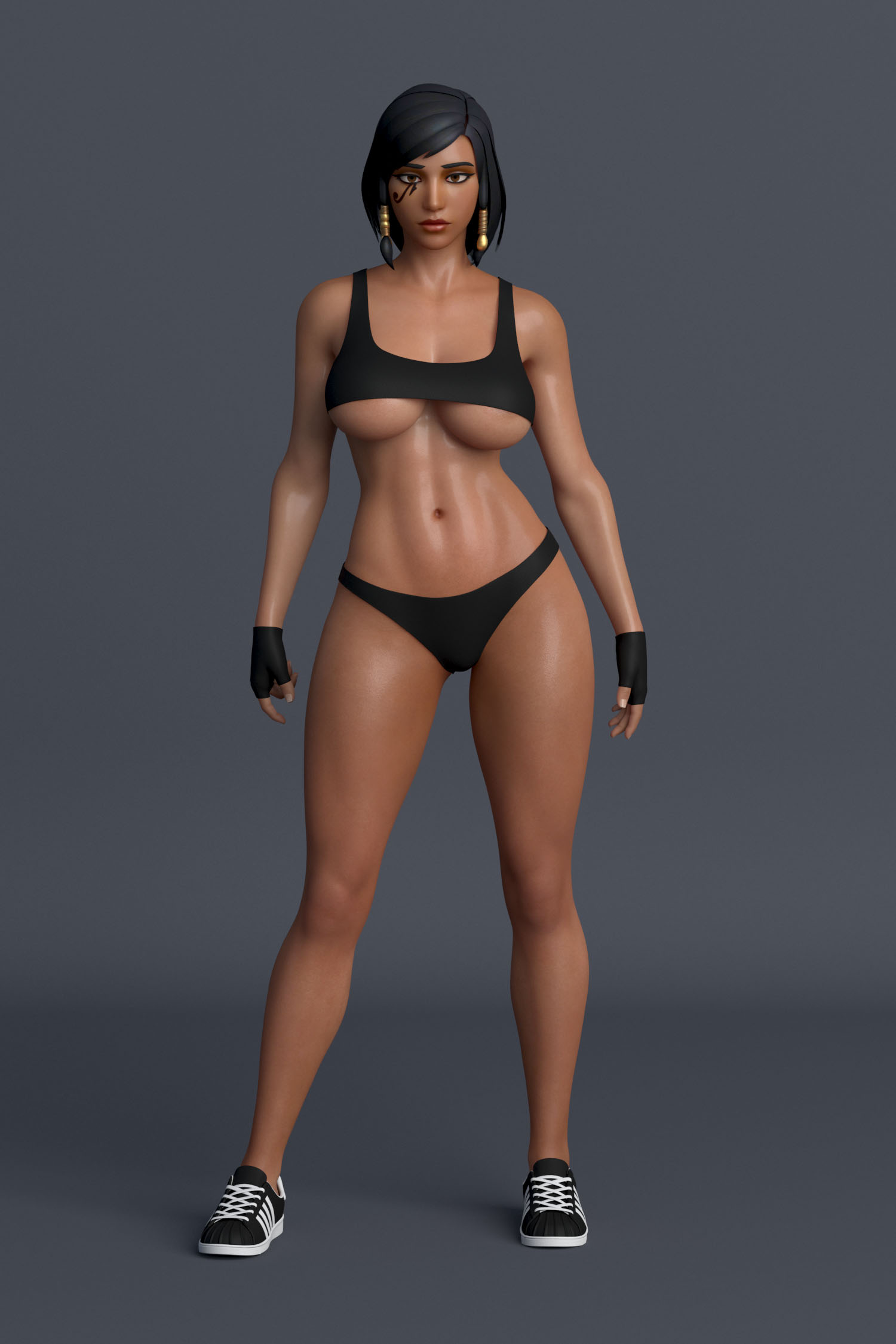 1girls, 3d, abs, athletic, black panties, blizzard entertainment, breasts, dark skin, dark-skinned female, egyptian, egyptian female, facing viewer, female, female only, fingerless gloves, fit, fit female, human, looking at viewer, nico-nsfw, overwatch, pharah, posing, revealing clothes, scantily clad, shiny skin, shoes, simple background, solo, sports bra, tattoo, underboob, workout clothes
