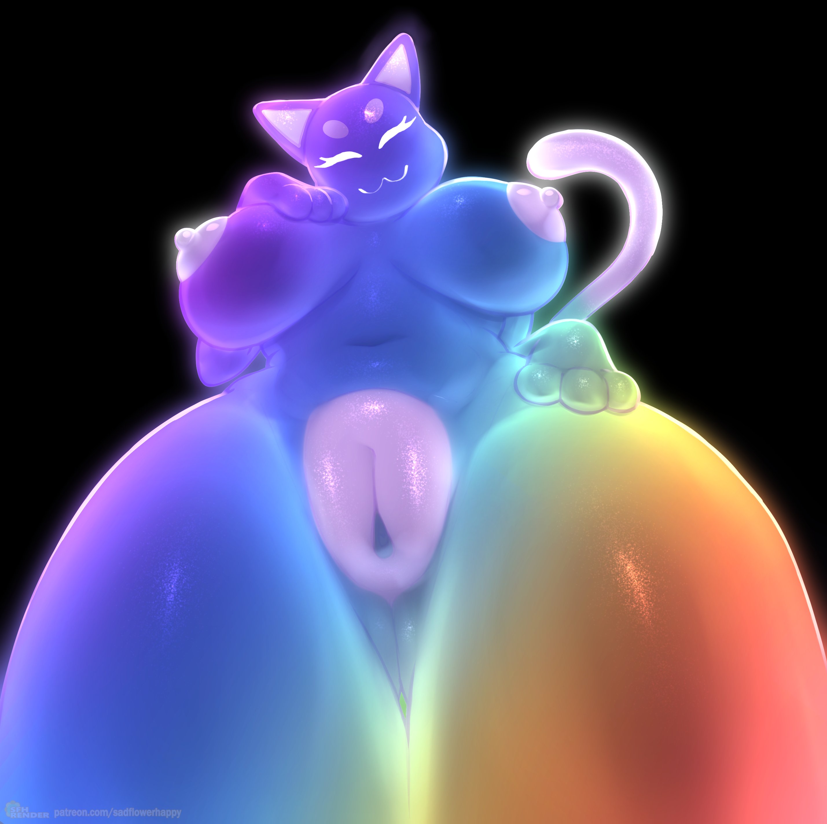 :3, 2022, anthro, areolae, ass, big breasts, black background, breasts, cat ears, cat girl, cat tail, catgirl, coomsquat, cute, female, fur, furry, furry only, hi res, highres, looking down, low-angle view, nipples, nude, nude female, original, original character, paws, presenting, presenting ass, presenting hindquarters, pussy, rainbow, rainbow (sadflowerhappy), rainbow cat, rainbow fur, rainbow tail, sfhrender, sideboob, simple background, smile, snaart, tail, thick thighs, white areola