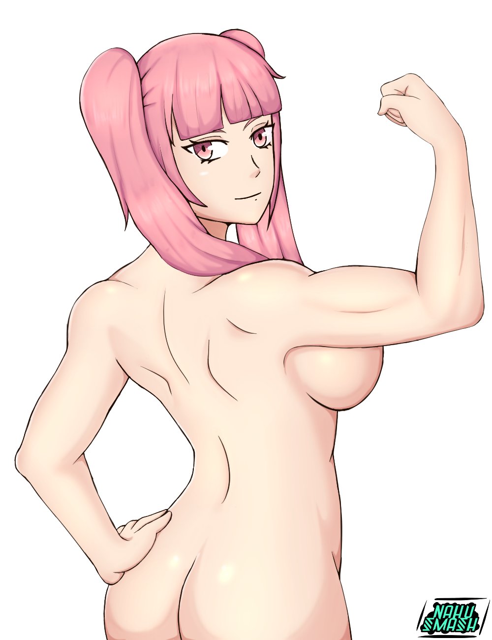 1girls ass back back_view bangs bare_back big_ass completely_nude female female_only fire_emblem fire_emblem:_three_houses flexing hilda_valentine_goneril looking_at_viewer looking_back muscular muscular_female nahusmash nintendo nude nude_female pink_eyes pink_hair pose solo twintails white_background